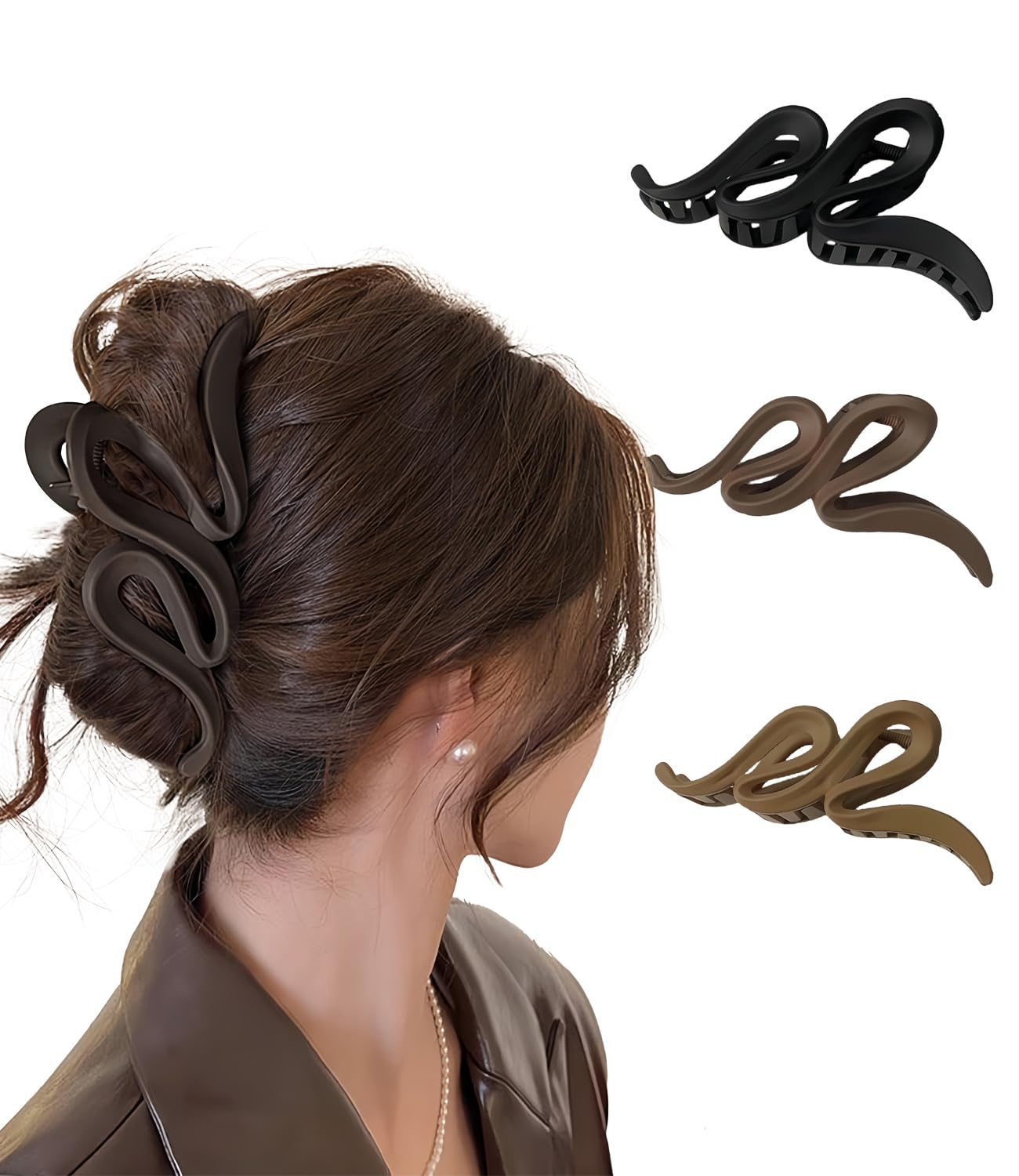 Photo 1 of 3PCS Jumbo Hair Clips for Thick Hair 5 Inch Large Fancy Wave Big Claw Clips Sets No Slip Black,Brown,Coffee