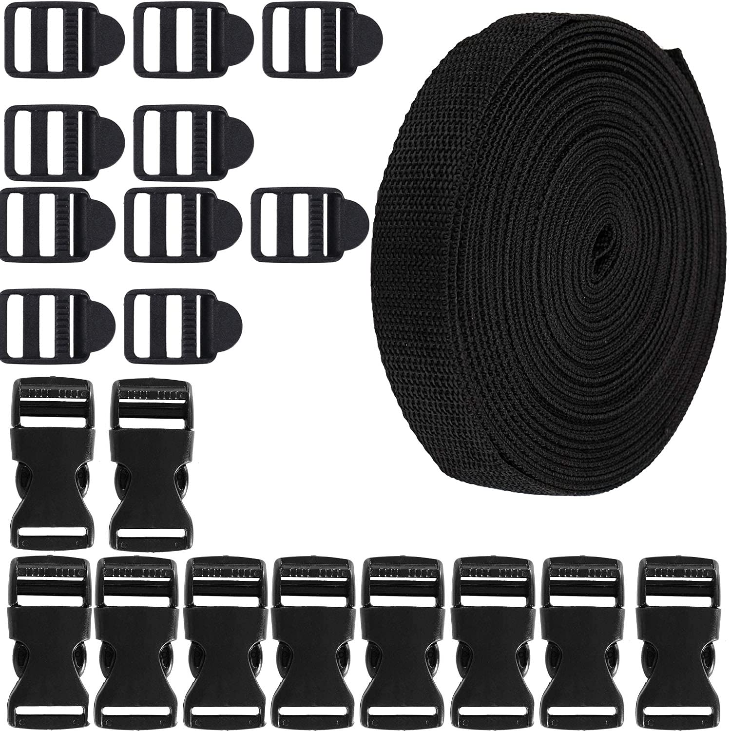 20mm Quick Release Buckles and Black Nylon Webbing Strap for Bags Making, with 5m Webbing Strap,10 Flat Shape Buckles and Tri-Glide Slides for Making Luggage Strap, Pet Collar, Backpack