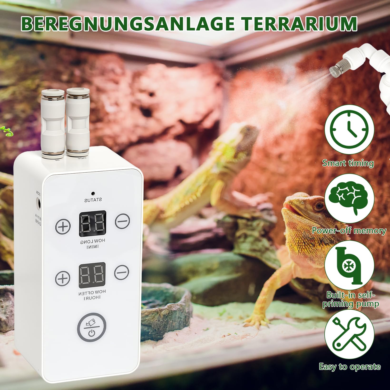 Beregnungsanlage Terrarium, Reptilien Benebelungssystem mit Timer und Sprühdüsen 360 ° Verstellbare, Luftbefeuchter Terrarium Nebelsystem für Regenwald Terrarien, Amphibien, Reptilien, Pflanzen