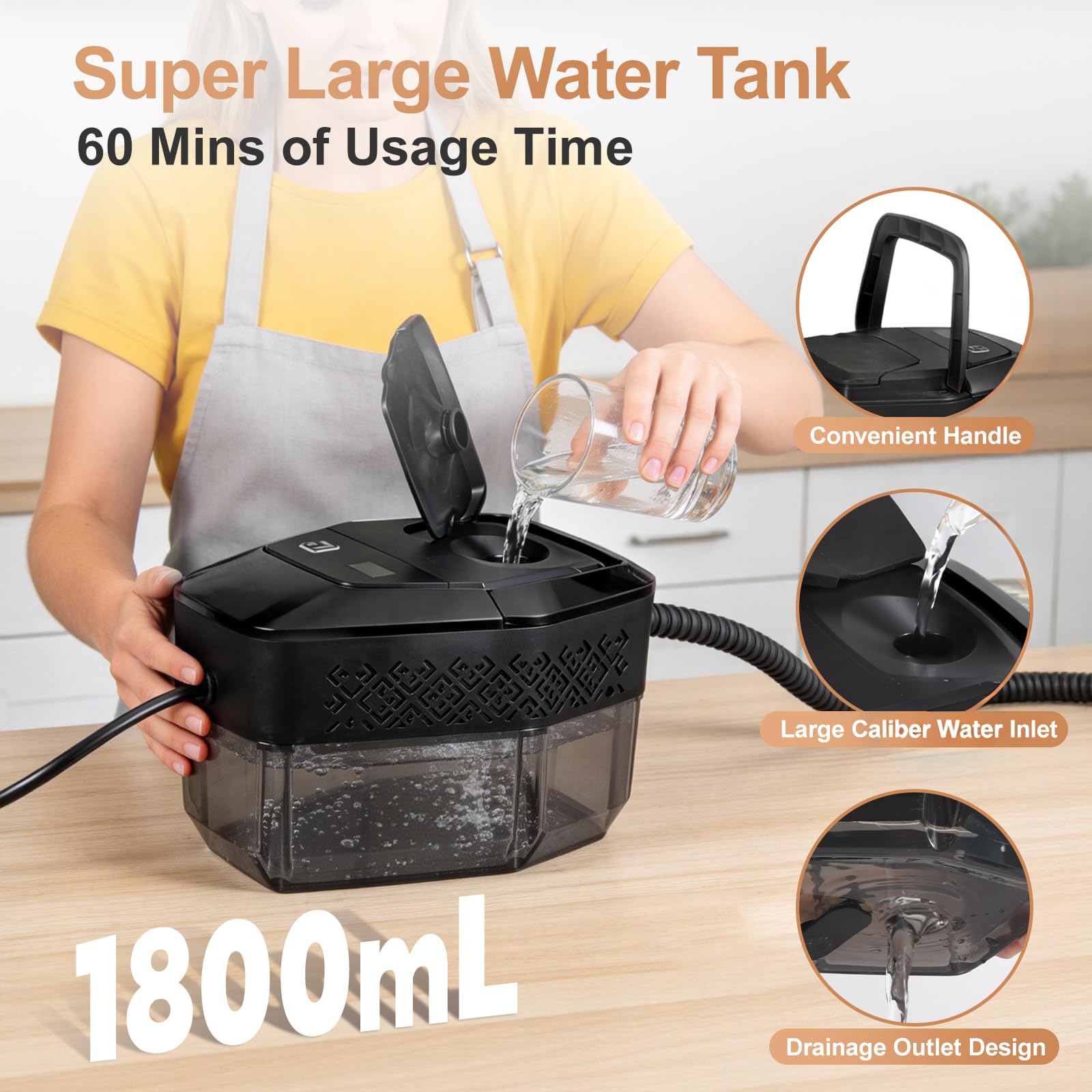 Pulitore a vapore casa portatile, 1500 W, a bassa pressione, riscaldamento rapido in 15s, serbatoio dell'acqua da 1,8 l, con 12 accessori per la pulizia di auto, nero (Premere 3s per avviare)