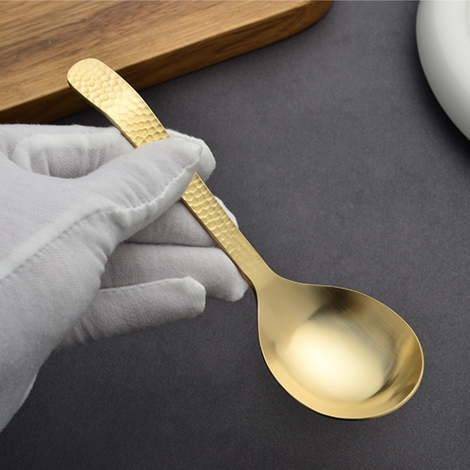 Cuillère à soupe 100 % cuivre pur, 15 cm en laiton forgé à la main, motif marteau, cuillère givrée, adaptée pour la salle à manger, les restaurants, les desserts, les gâteaux, la crème glacée (4)