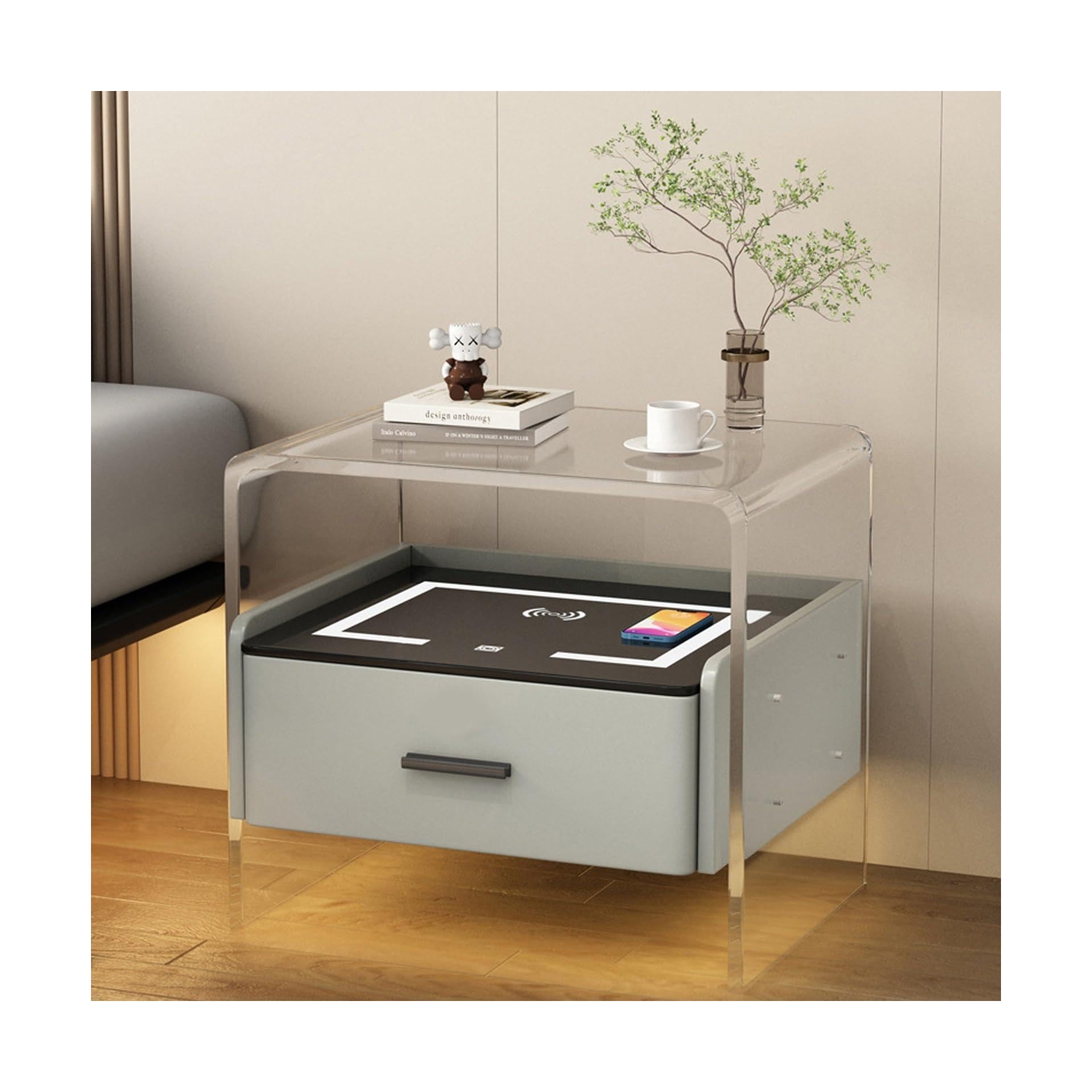 BHGFYXBS Nightstand Led Bedside Table Smart Drawers Nightstand With Charging Station, Acrylic End Table Cabinet With Led Light Strip For Bedroom,Fingerprint Lock-C,Fingerprint Loc,Fingerprint Lock-C