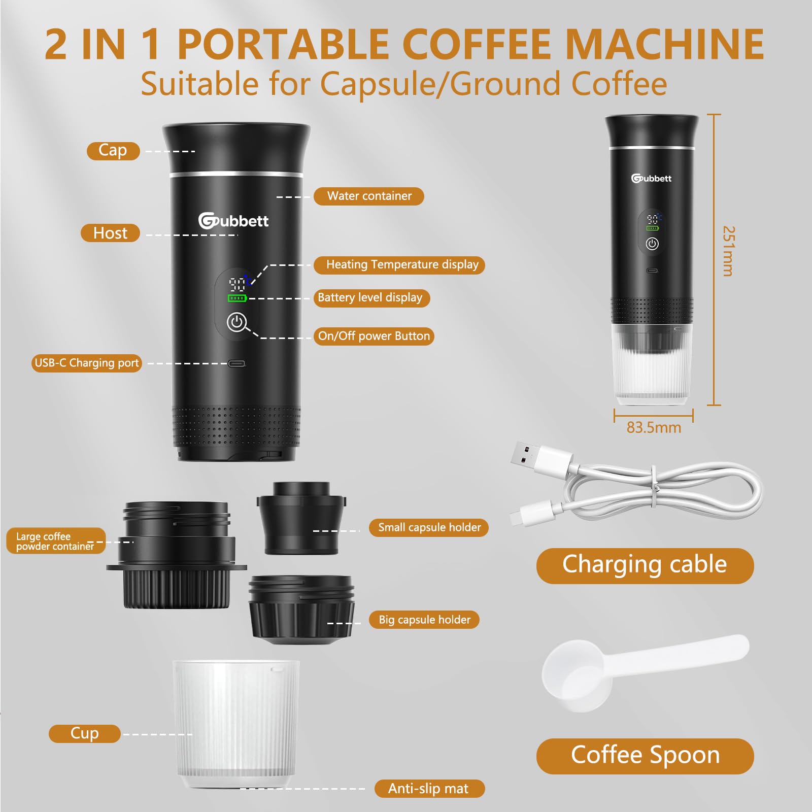 Nouvelle Machine à Café Espresso Portable,Machine à Cafe Portable 3 en 1 Compatible avec les Capsules Espresso et Poudre de Café,Auto-chauffante,Charge USB-C,Voyage,Camping,Bureau,Randonnée