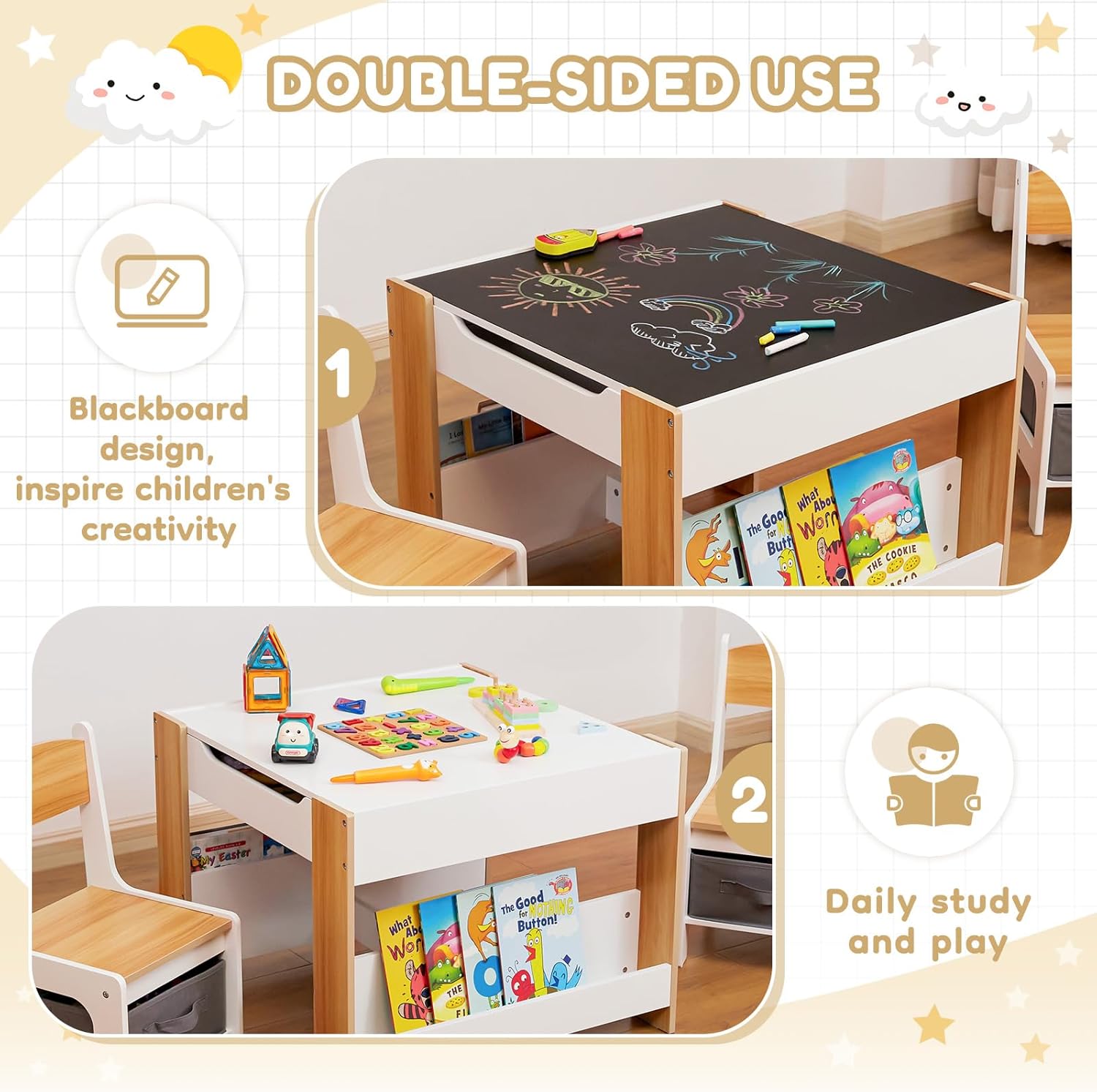 Cozivolife Kids Table and Chair Set (2 Chairs Included),Child Wooden Activity Furniture with Storage Bins Boxes and Book Organiser, 2 in 1 Detachable Tabletop Desk Group for Toddlers Drawing