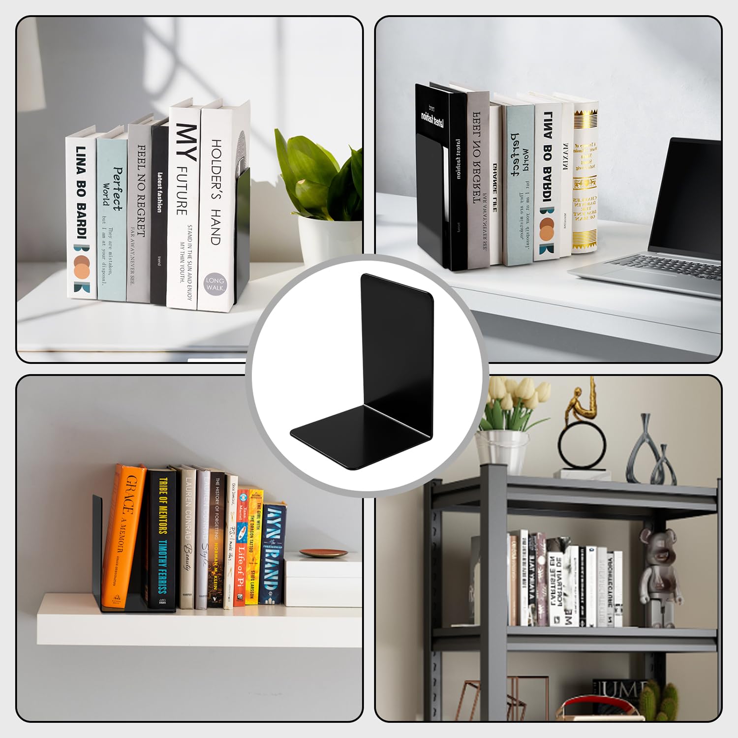 8 Piezas Sujetalibros Negros, Sujeta Libros Tamaño Grande y Reforzado – para Oficina, Escuela y Biblioteca, Sujetalibros Estanteria Minimalistas y Robustos