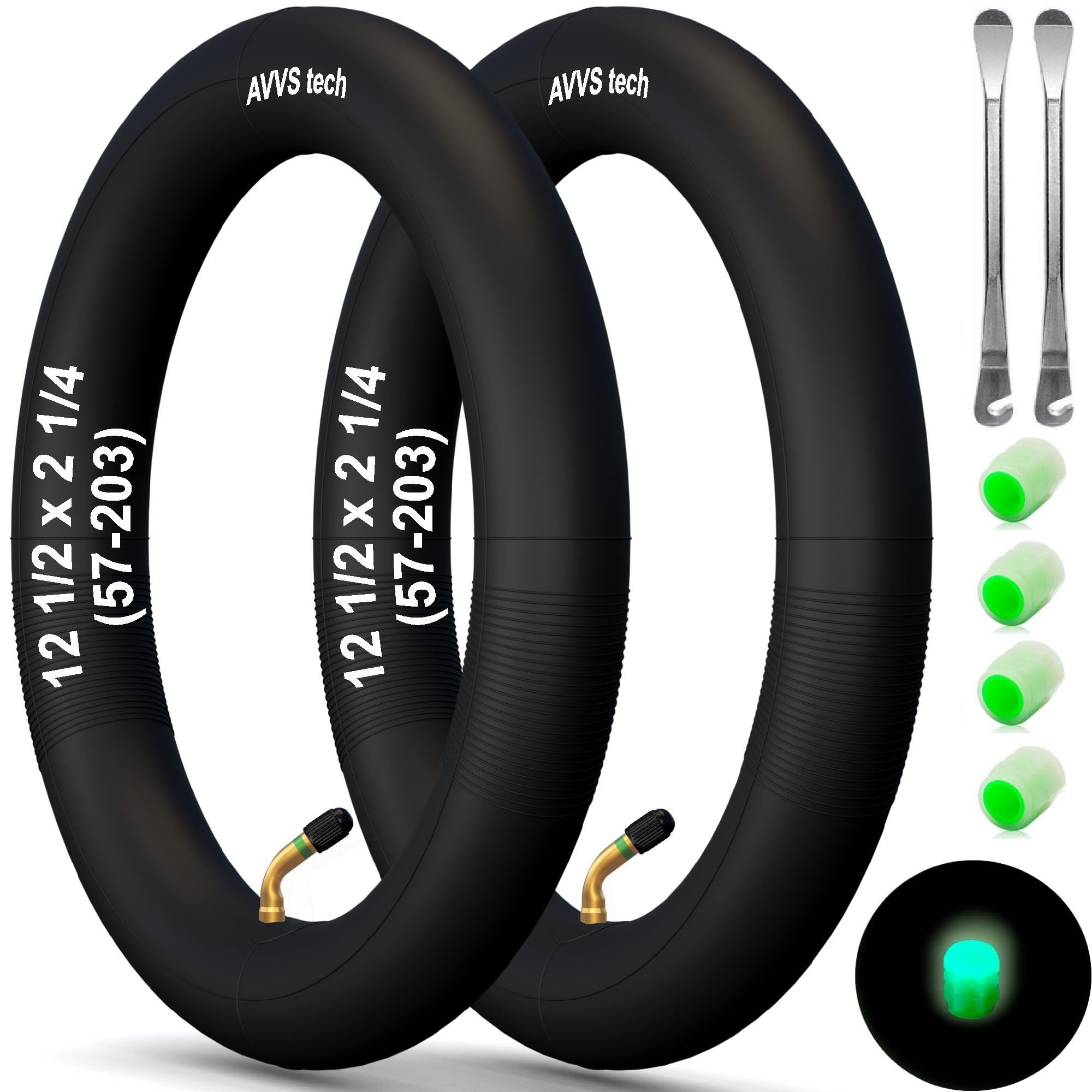 12 1/2 x 2 1/4 (57-203) Inner Tube Pack of 2 with Stainless Steel Angle Valve AV 45° Including Mounting Lever - Compatible with 12 Inch Wheels for Pushchairs and Children's Bicycles