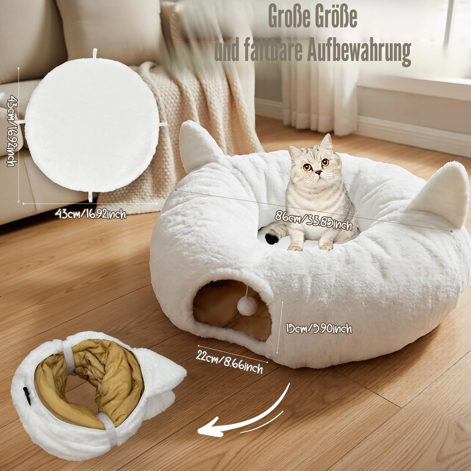 Katzentunnelbett für Indoor-Katzen, weiches Plüsch, rund, Peekaboo-Katzenbett, Höhle mit waschbarem Kissen, unter Weihnachtsbaum, Katzen-Donut-Tunnel, Spielzeug für Kätzchen, Kaninchen, Welpen