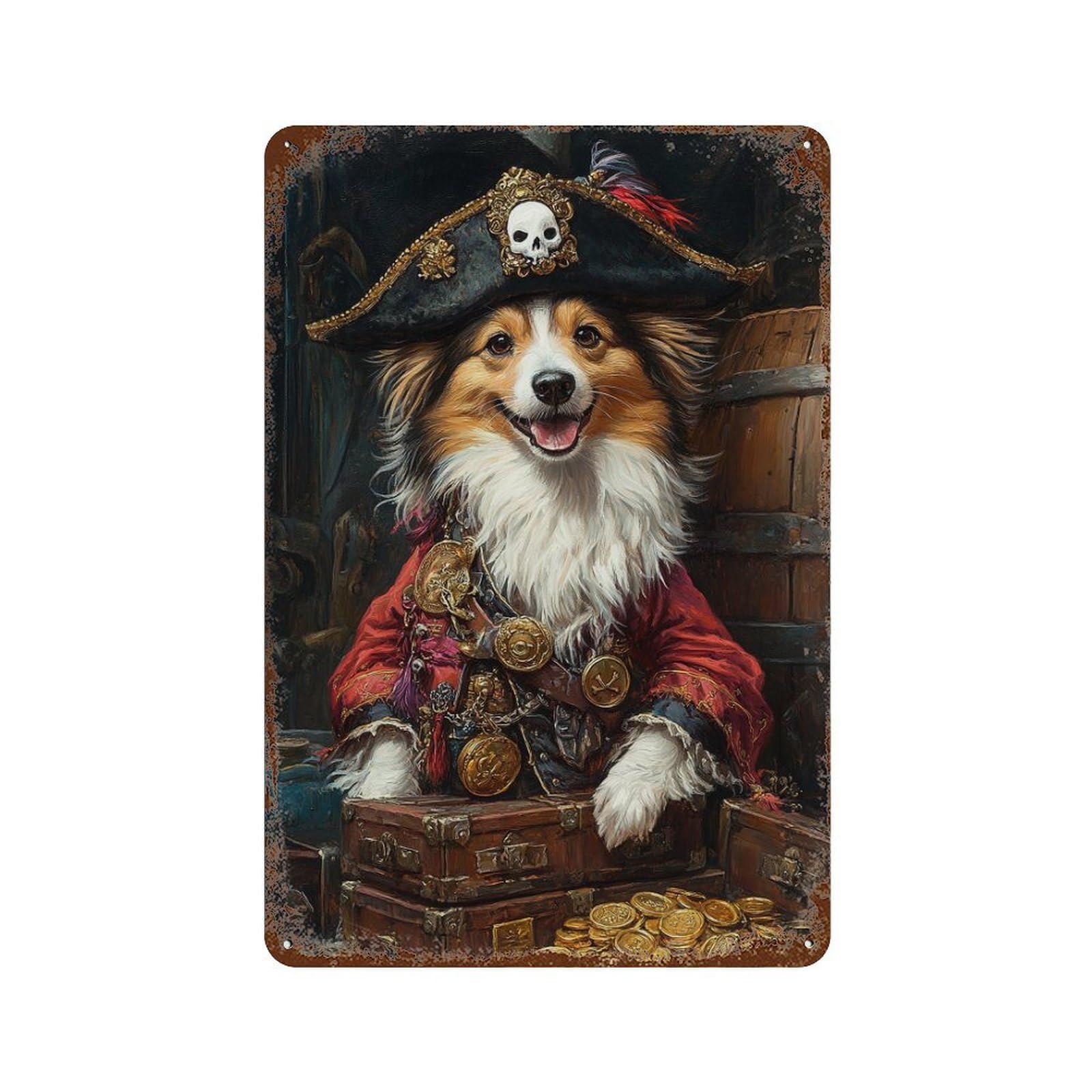 Rusty Metal Tin Sign with Pirate Dog Treasure Chest-101 Design 11.8"x7.9", for Shed, Workshop And Garage Wall Decor, Classic Wall Plaque