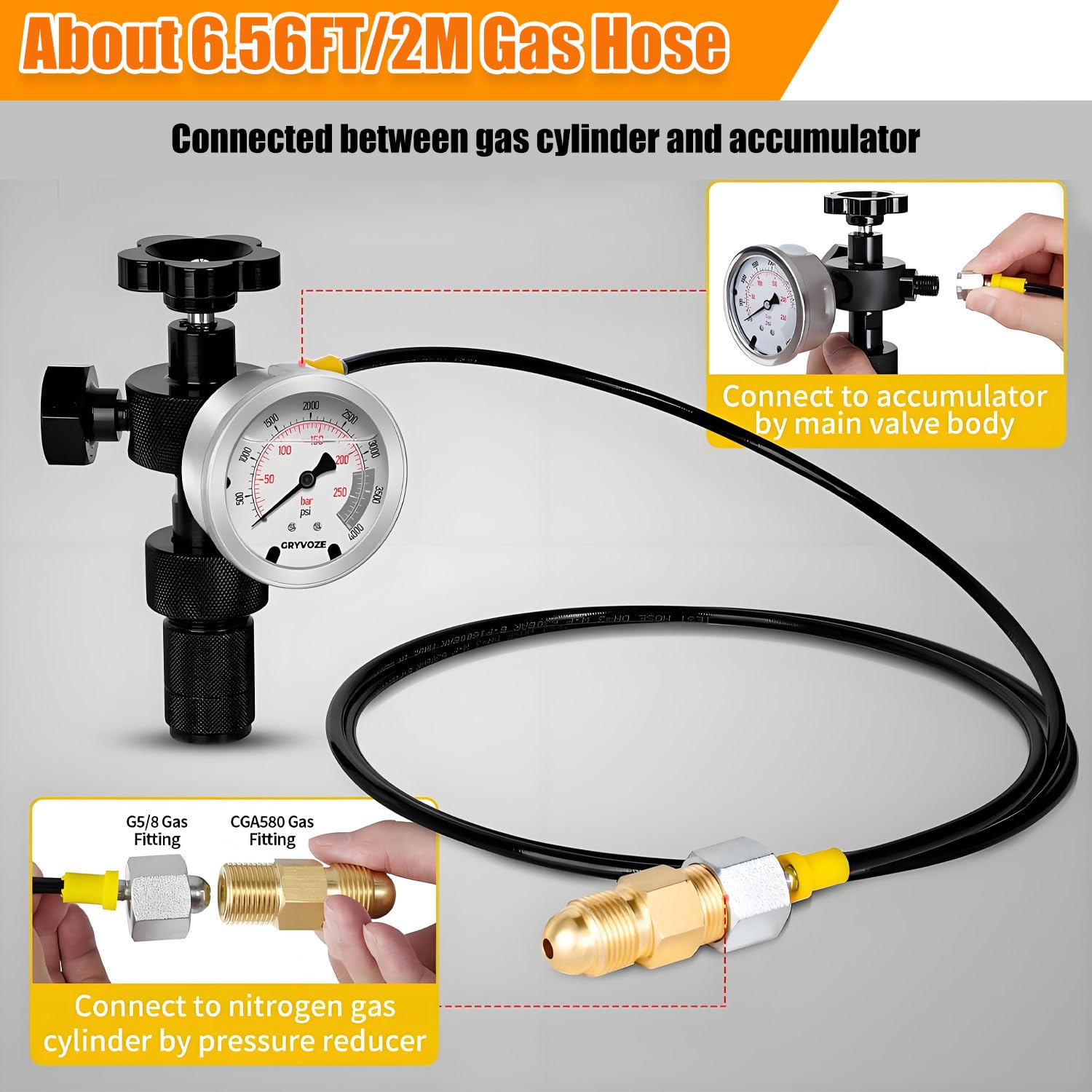 Kit de carga de acumulador de nitrógeno hidráulico, kit de llenado de nitrógeno, herramientas de carga de gas con 3 manómetros, 7 acoplamientos, 1 manguera de gas para sistema de prueba de presión d