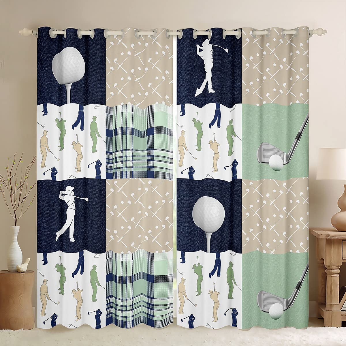 feelingyou Golf Plaid Curtains for Windows,Ball Sports Lover Style Curtains for Living Room,Green Buffalo Grid Geometric Soft Blackout Drapes 2 Panel Sets,66x90L โ image 1