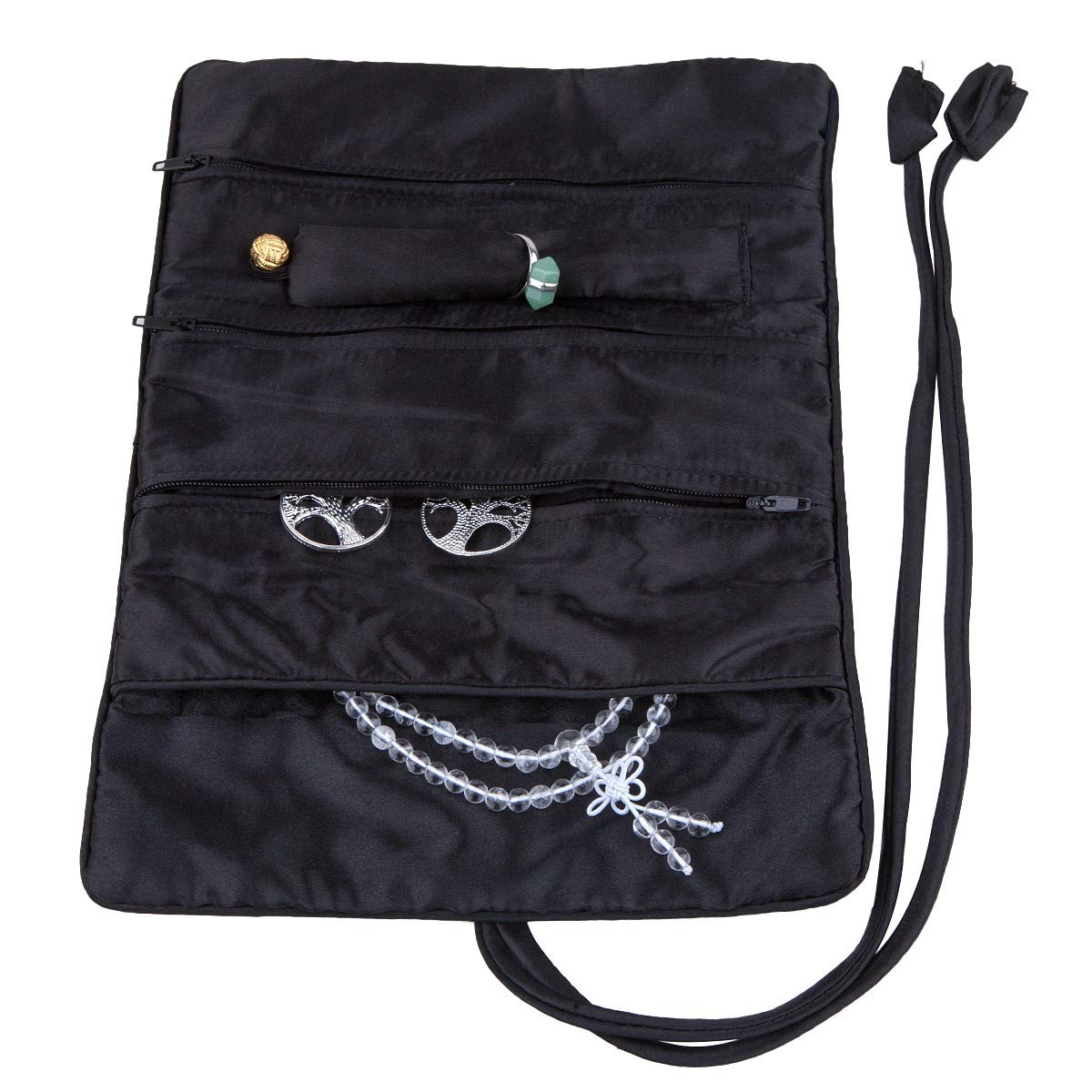 KYEYGWO Pochette Rouleau à Bijoux pour Voyage, Broderie Chinoise Organisateur de Bijoux pour Rangement de Bracelet Collier Bague, Noir