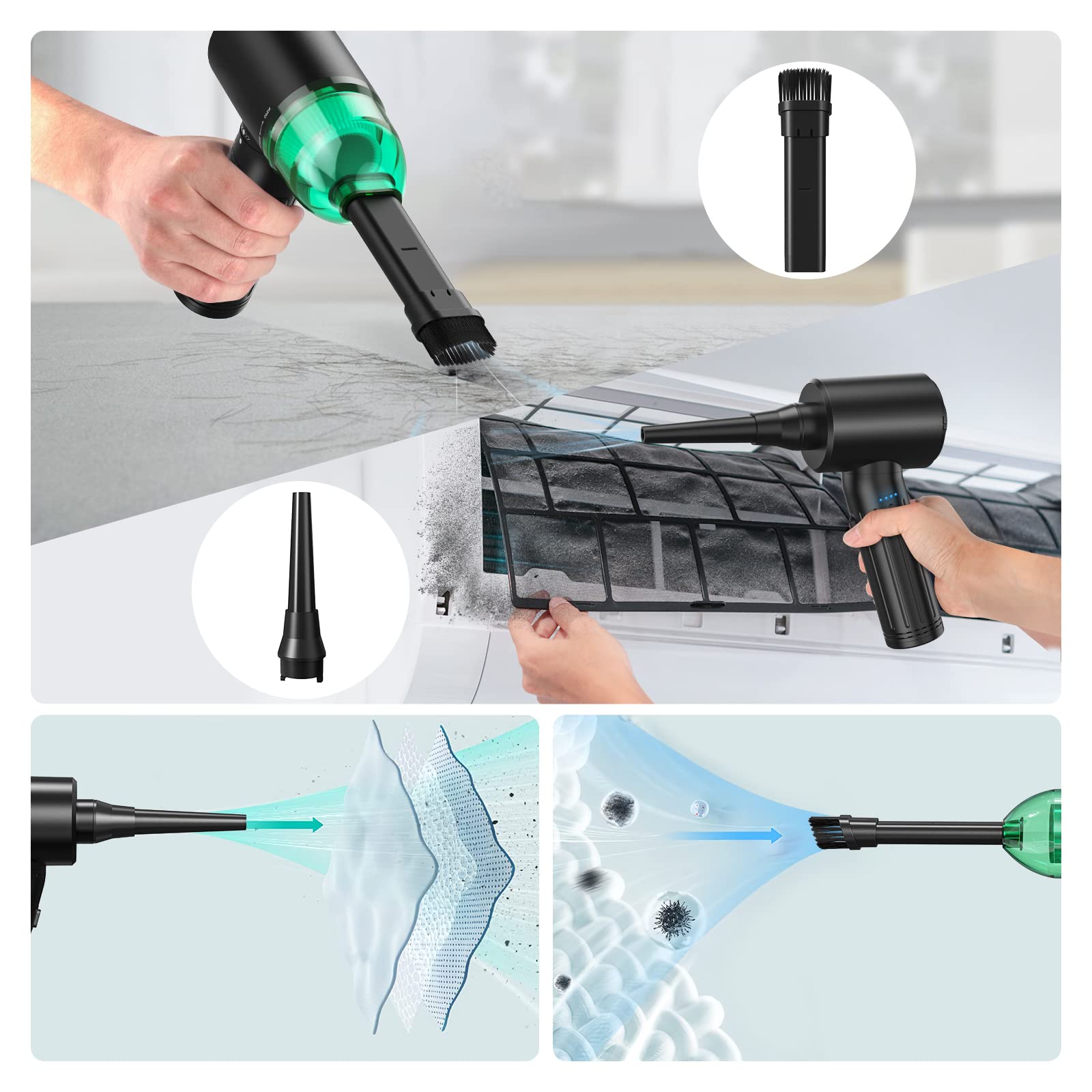 【Moteur sans Balais】 4-in-1 90W 130000RPM Plus Puissant Air Comprimé Depoussierante & 12 Kpa Aspirateur, Indicateur de Puissance, 3 Vitesses, Puce Intelligente, 7500mah, 15W Charge Rapide