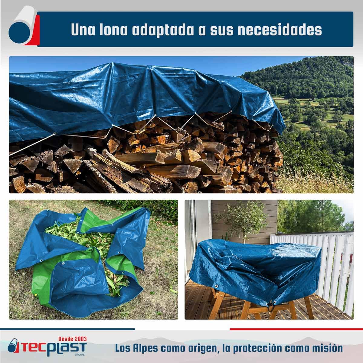 Lona Impermeable 5x8 m - TECPLAST - SR150MU - Azul y Verde Lona Exterior con Ojales - Anti Rayos UV