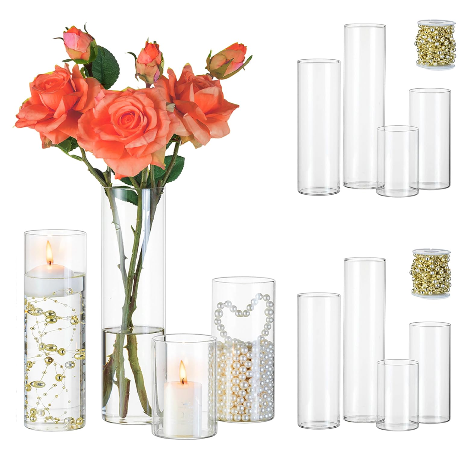 Hewory - Set di 12 vasetti in vetro con perle d'acqua, per candele, candele galleggianti, cilindri in vetro per Natale, decorazione da tavolo, per esterni, matrimoni
