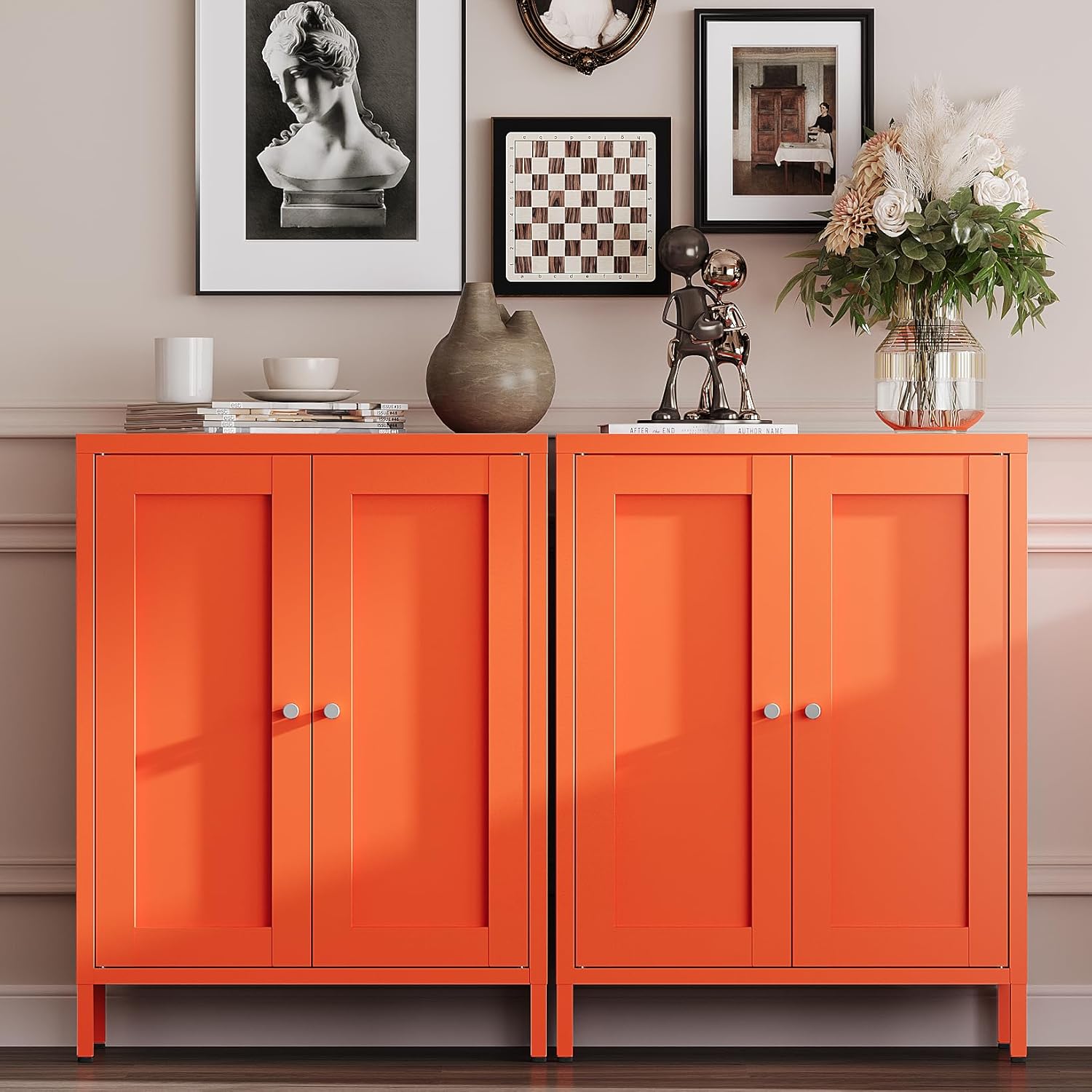 A collection of YAUWOH bathroom furniture, including the metal storage cabinet, in a white finish within a bathroom setting.
