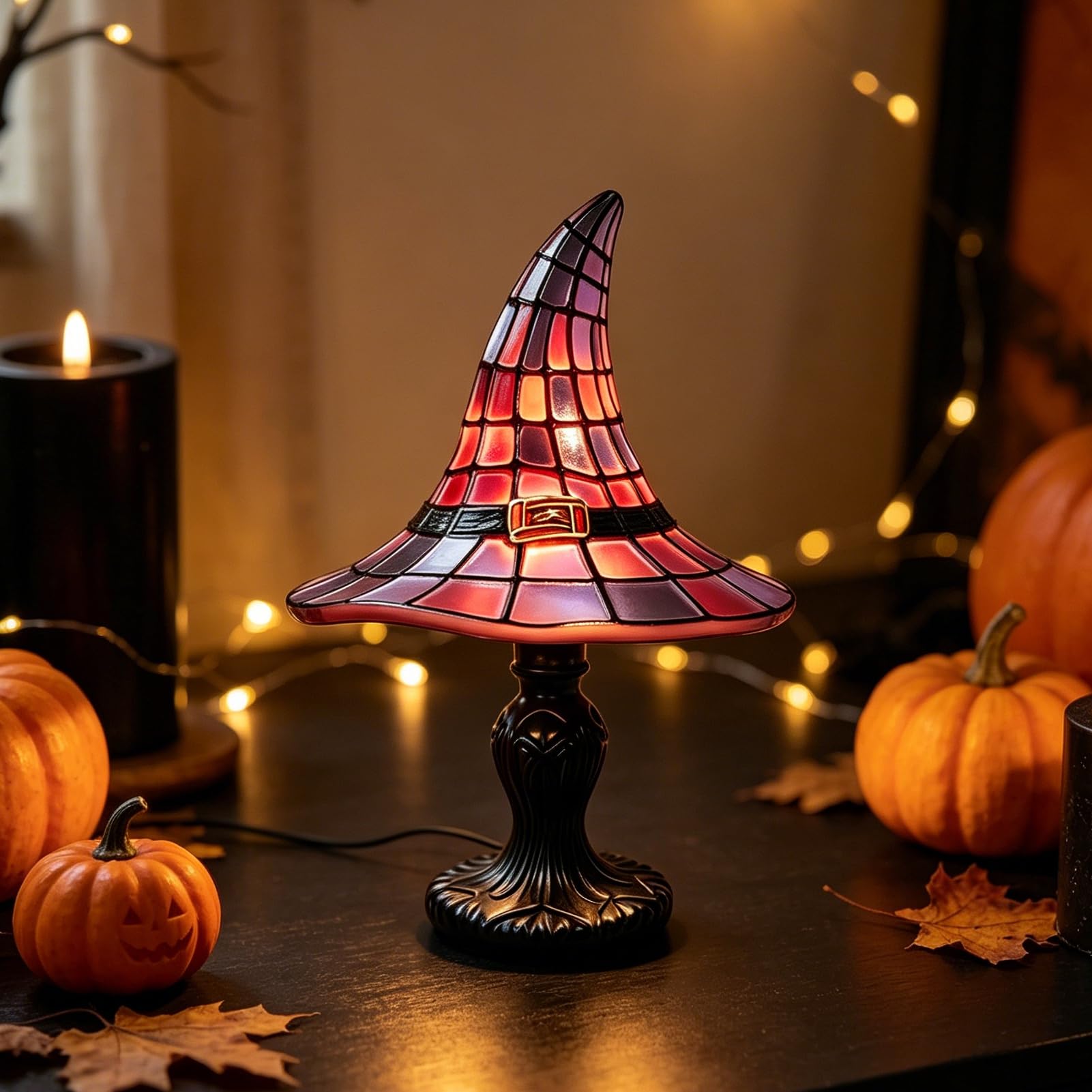 RetroNest Stained Glass Witch Hat Lamp USB Powered Gothic Night Light Compact Resin Wizard Table Ornament with Purple Amber Mosaic for Bedroom Bookshelf Halloween Decor 30cm