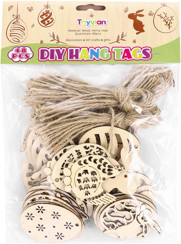Toyvian 48 Pieces Wooden Eggs Easter Crafts Hanging Embellishments Tags Unfinished Hollow Carved Slices Pendants DIY Valentines Day Cards Ornaments Crafts Decorations