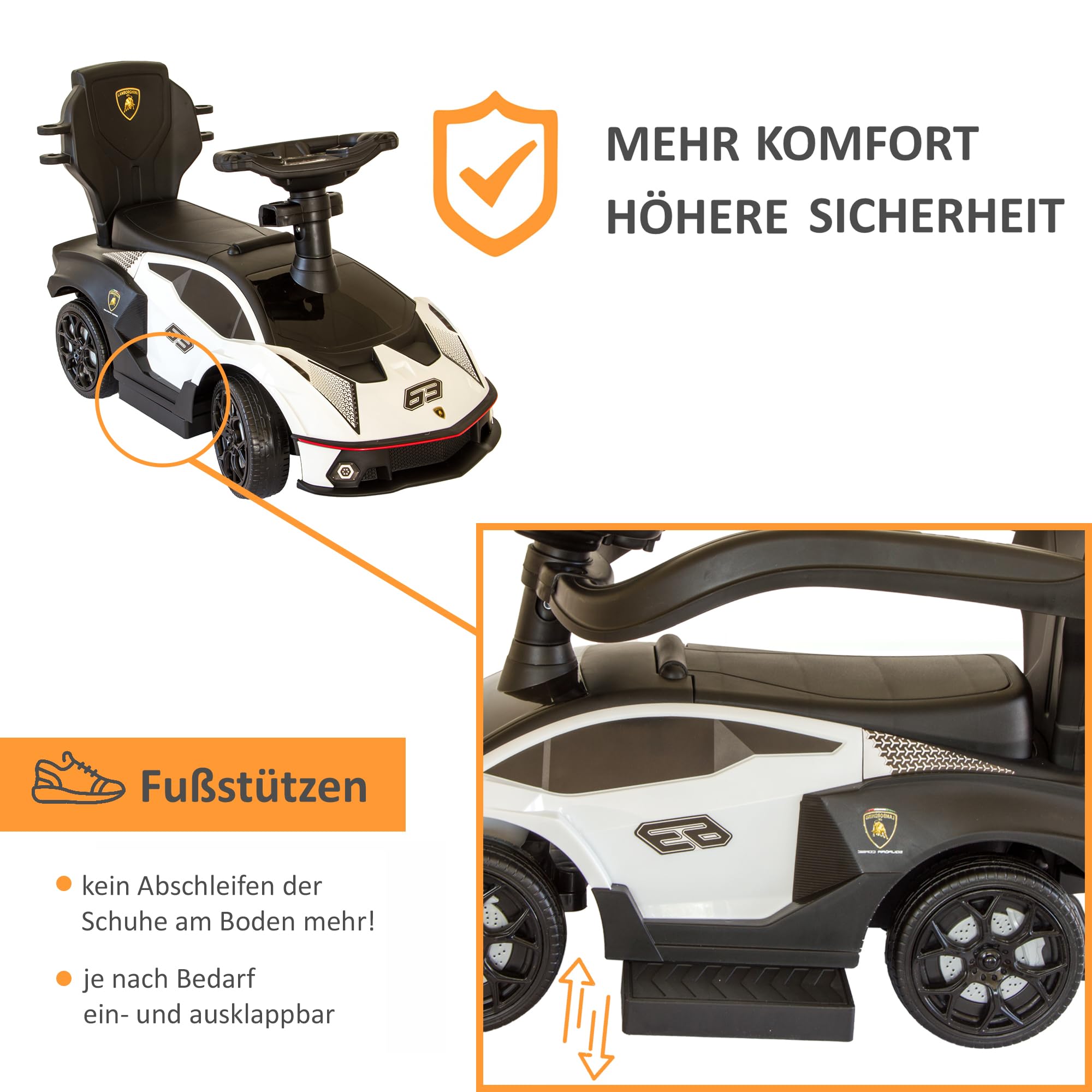 Lamborghini Rutschauto mit Schiebstange ab 1 Jahr | Rutschfahrzeug mit Sicherheitsbügel | Schiebeauto Lamborghini in weiß| Lenkung via Stange möglich | Staufach | Fußablage | Sound