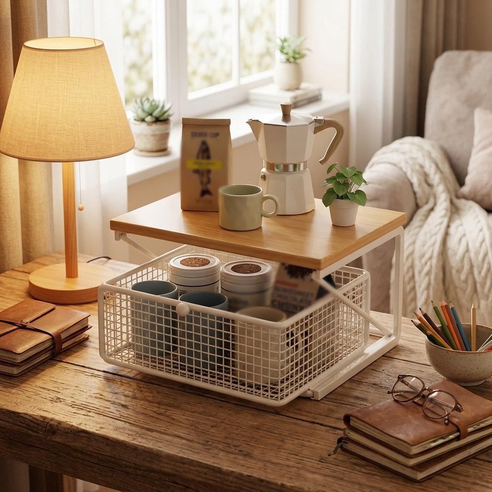 Coffee Station Organizer Aufbewahrungsständer Kaffeepod-Organizer Küchenzubehör Regal mit Stabilem Eisen-Holz-Rahmen für Kaffeebar Arbeitszimmer