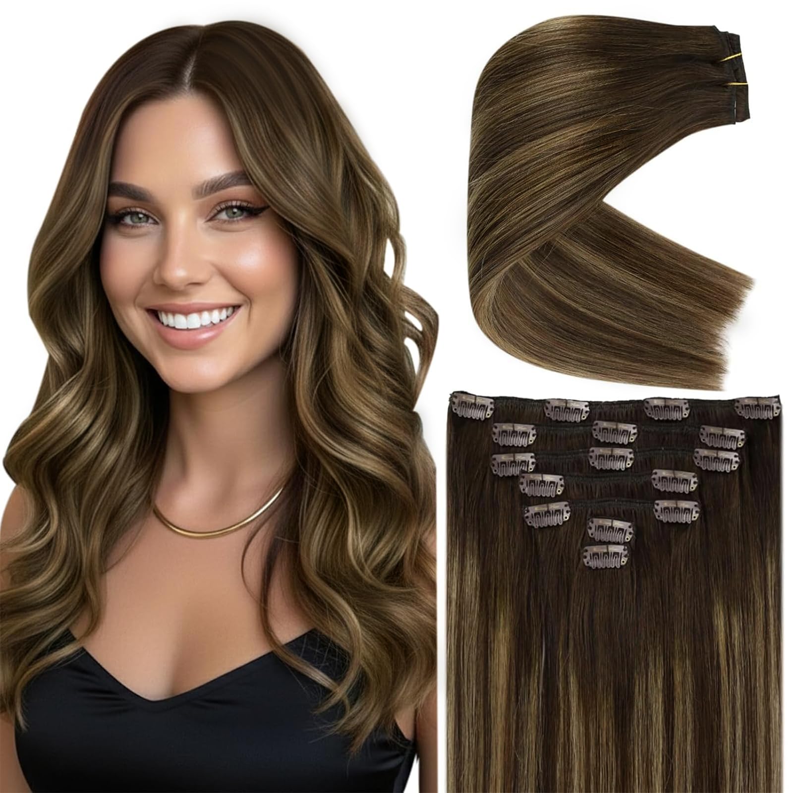 Ve Sunny Human Hair Clip in Extensions Medium Brown Balayage Ombre Caramel Blonde Clip in Hair Extensions Remy Human Hair Short 12 Inch 85g 5pcs