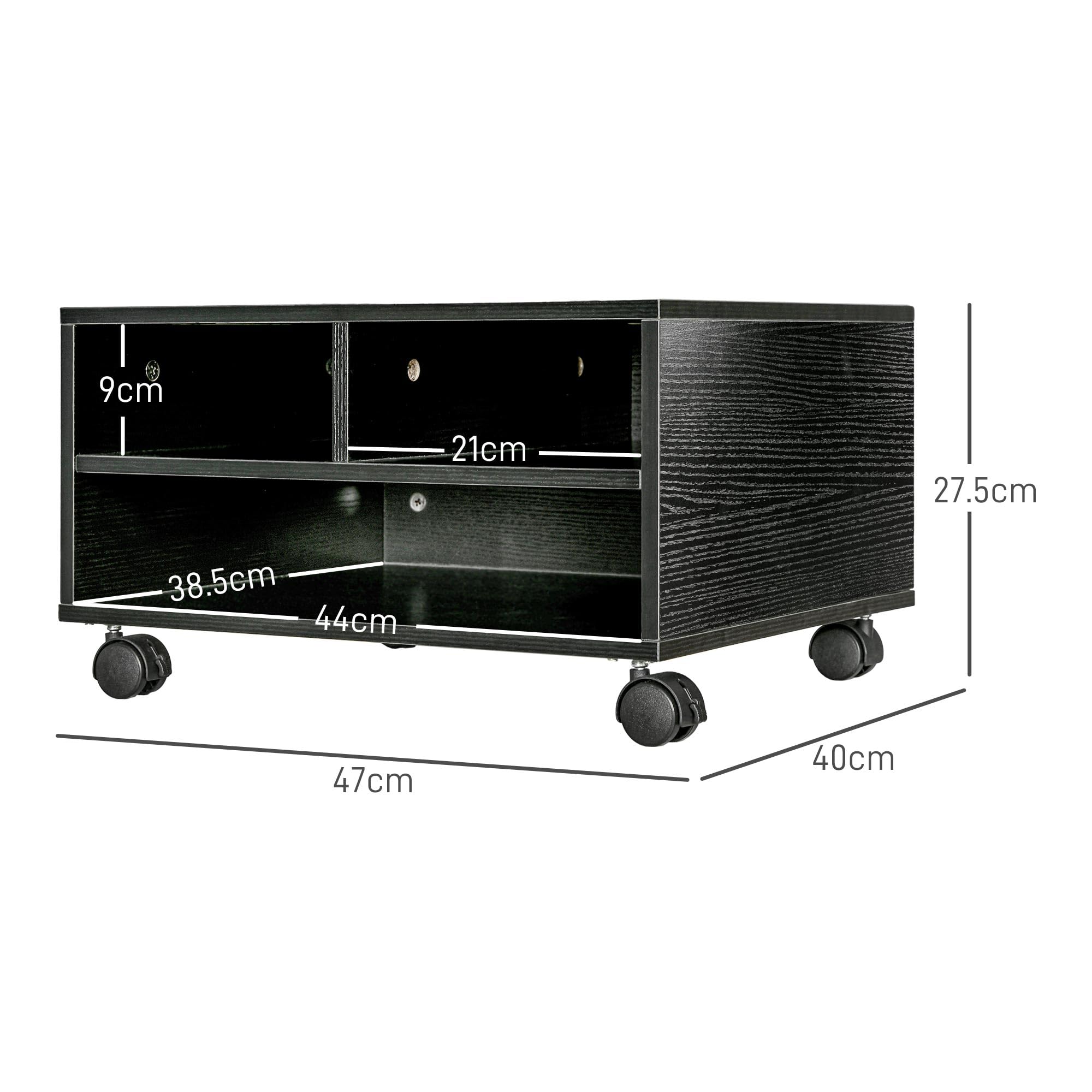 HOMCOM Mobile Porta Stampante a 2 Ripiani, Mobiletto per Ufficio e Studio in Legno con Ruote, 47x40x22.5cm, Nero