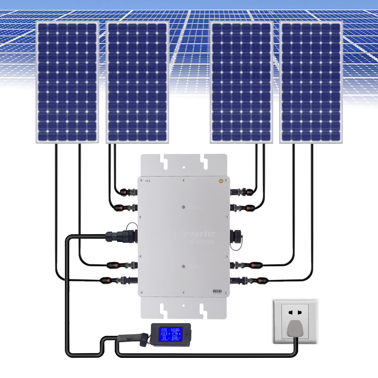 Solar Wechselrichter Mikro Wechselrichter Wasserdichter Netzbinder Wechselrichter PV Solar Grid Tie Micro Inverter Modul LCD Anzeige Elektrische Isolierung 1200W (Silver)