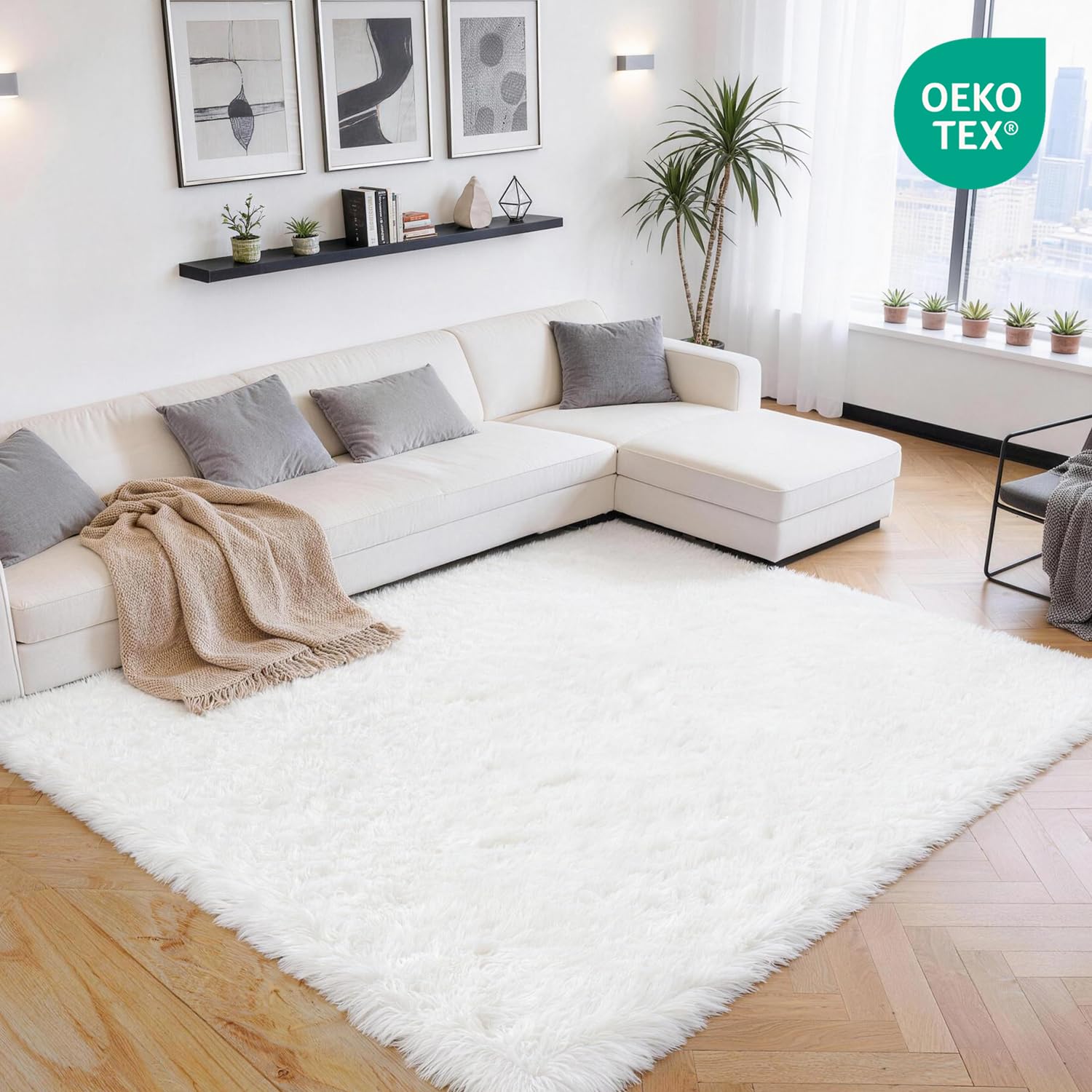 Alfombra Salón Grandes Pelo Largo Lavable para Habitación o Dormitorio, Esponjosa, de Cama (Blanco Puro, 200 x 300 cm) | Alfombra muy grande para un ambiente agradable. Cubre todo el espacio, esponjoso y antideslizante a diario