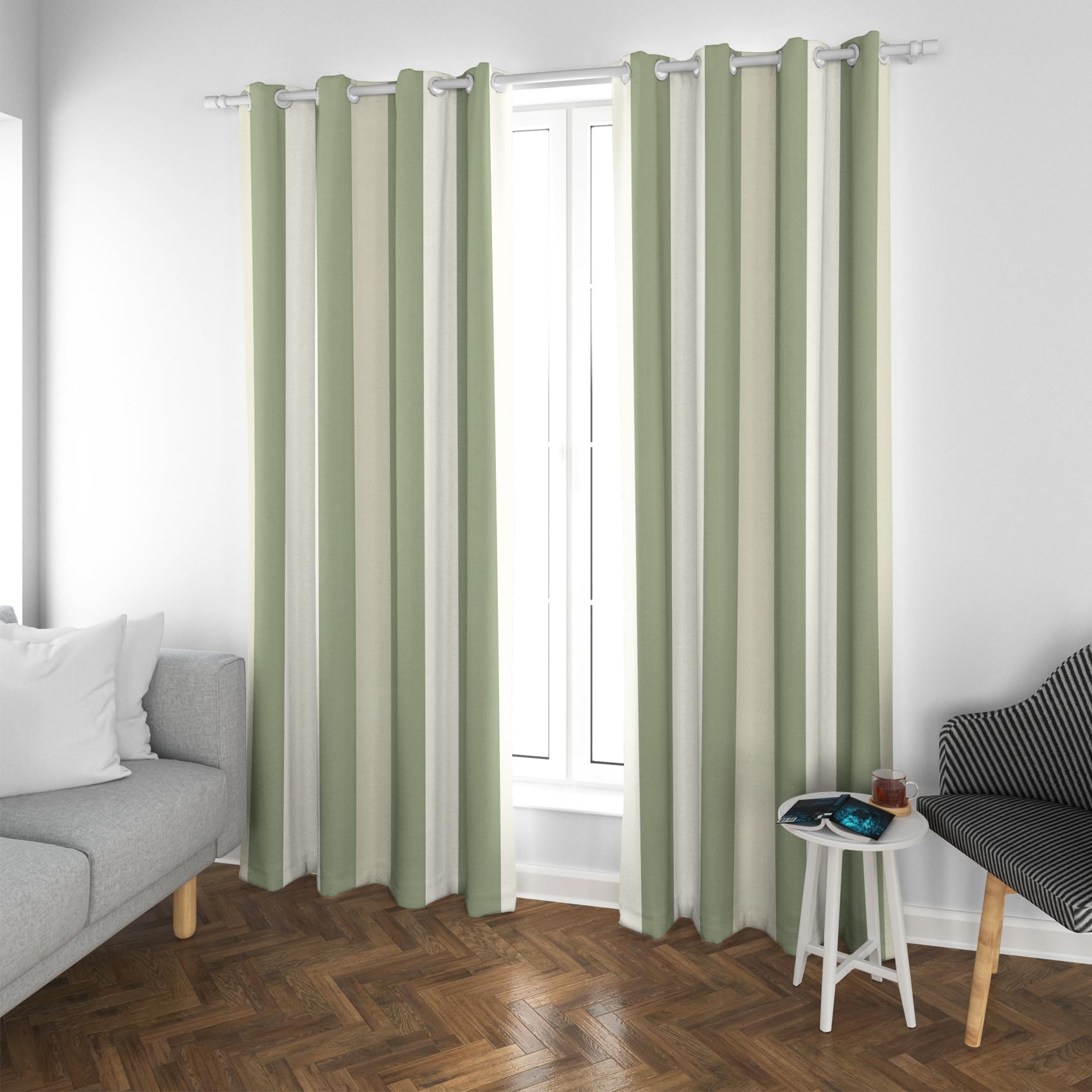 Rideau Occultant Rayures, Rideaux Motif Rayée Vert Sauge, Rideau Thermique à Oeillets, Rideau Fenetre Imprimé pour Salon Chambre, Lot de 2 Rideaux et Draperies Intérieurs, 140x220 cm