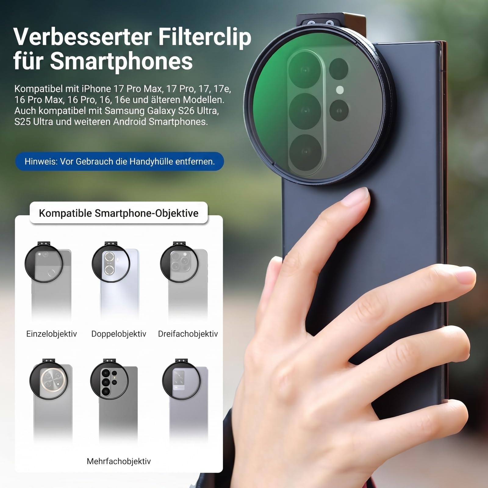 NEEWER 67mm CPL Filter Handy Polfilter mit Cold Shoe Clip, HD zirkularer Polarisationsfilter mit einstellbarer Polarisation, kompatibel mit Android Samsung S26 Ultra iPhone 17 Pro Max und mehr, FL-113