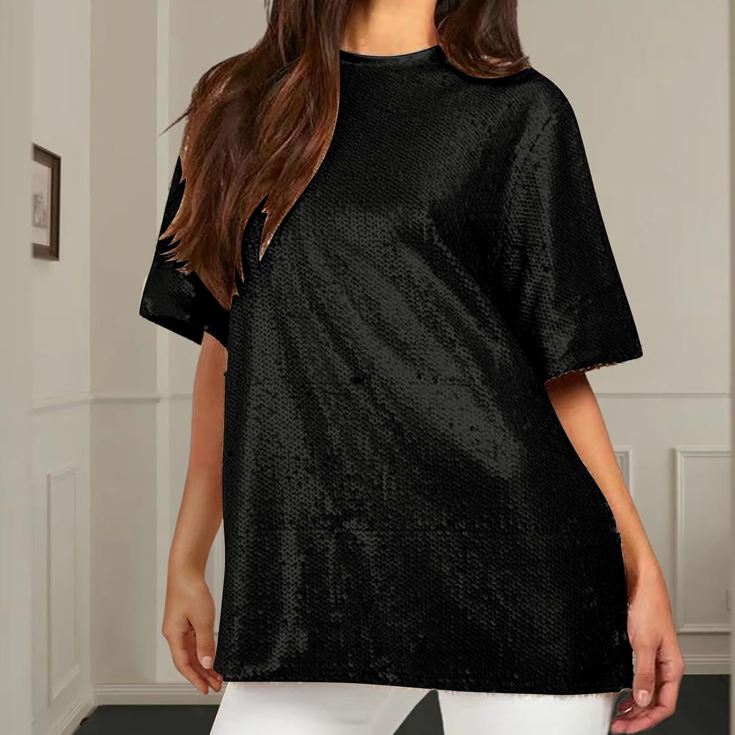 Womens Oversized Sequin T Shirts Sparkly Glitter Short Sleeve Round Neck Tops Party Concert Club Rave Blouses