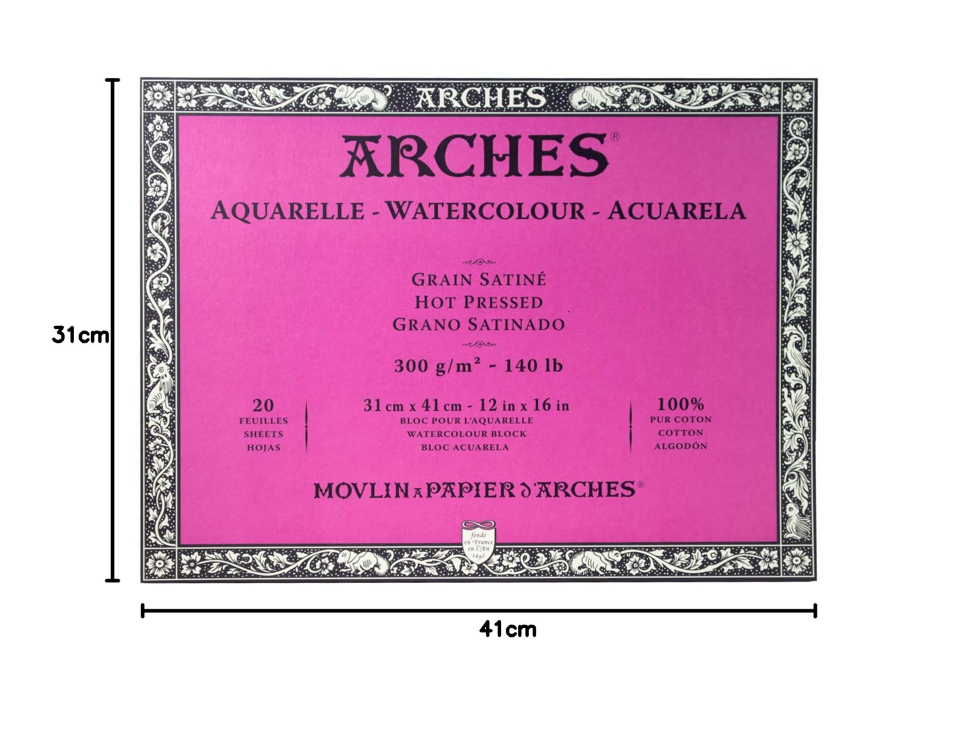 Arches Blocco Per Acquerello Incollato 4 Lati (20 Fogli) - Grana Satinata - 300 G/Mq- 31 X 41 cm