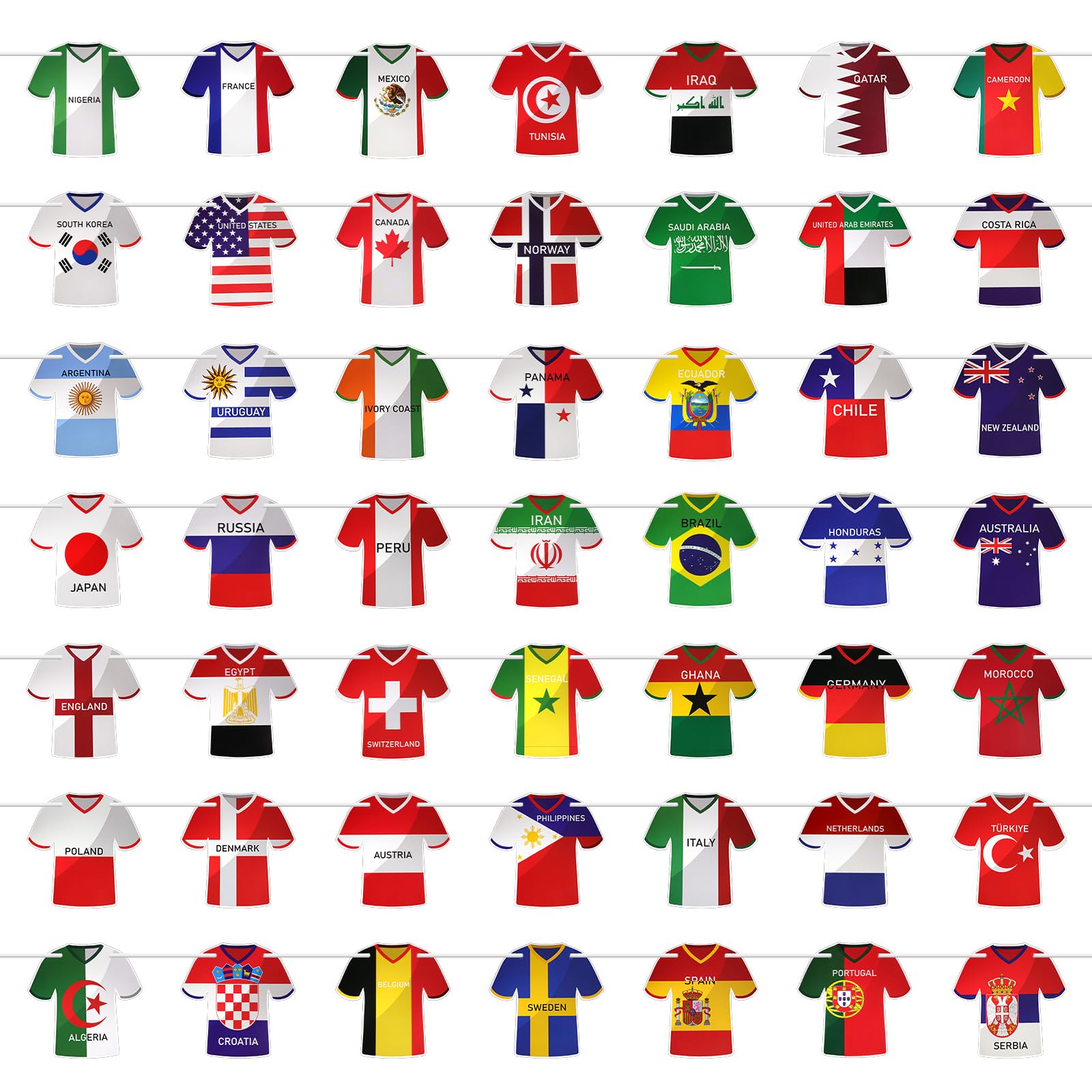 Decorazioni per i Mondiali 2026, bandierine in stile maglia, ghirlande con le maglie di tutte le squadre per feste a tema calcio, vivaci gagliardetti internazionali per fan zone, bar, tailgate e fest