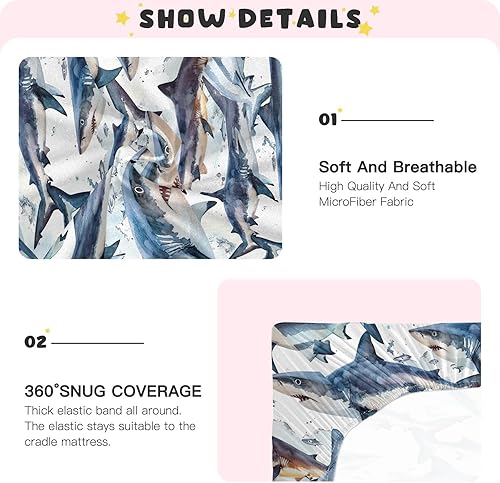 Miniatura 5 de Kigai Fitted Crib Sheet for Boys Girls,Vintage Sharks Jersey Knit Baby Sheet for Standard Crib and Toddler Bed Mattresses, Cozy Soft Breathable, 28