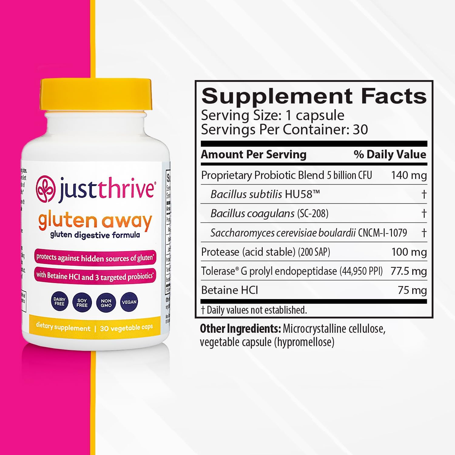 Just Thrive Gluten Away - 30 Servings Digestive Enzymes + Probiotic Support for Gluten Defense - Vegan, Gut Health Supplement - Image 4