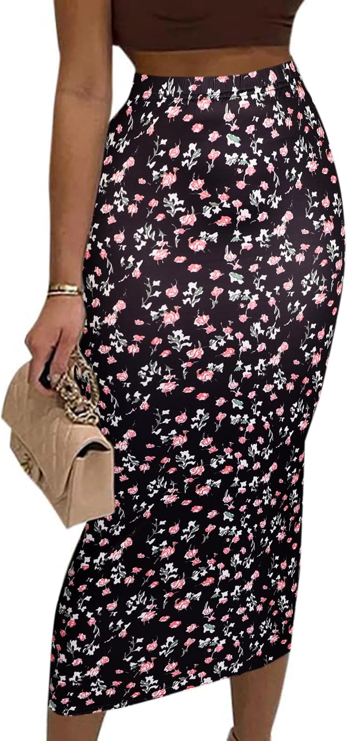 Avanova Women Floral Print Pencil Midi Skirt High Waisted Tight Bodycon Skirts