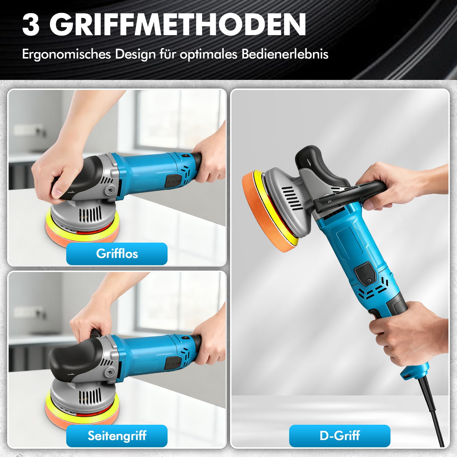Poliermaschine Auto Professional Set, 150mm 1200W Exzenter Poliermaschine, 8 Geschwindigkeiten1000-4200RPM, 2M Kabel, Abnehmbarer D-Griff und Seitengriff, zum Polieren von Auto, Möbeln