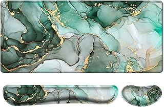 iCasso Mouse mat Set, desk mat 900 x 400mm,Stitched Edges Gaming Mouse Pad & mouse mat wrist support&Keyboard Wrist Rest,Waterproof Surface Desk Pad with Non-slip Rubber Base (Emerald Marble)