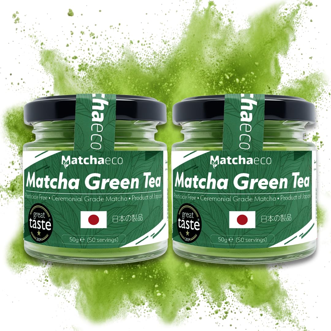 2 x 50g [100g] Japanese Matcha Green Tea Powder |Authentic Stone Ground Ceremonial Grade From Japan | Pesticide-Free | Recyclable Jar | Vegan Baking Gift Ideas | (100g, Matcha)