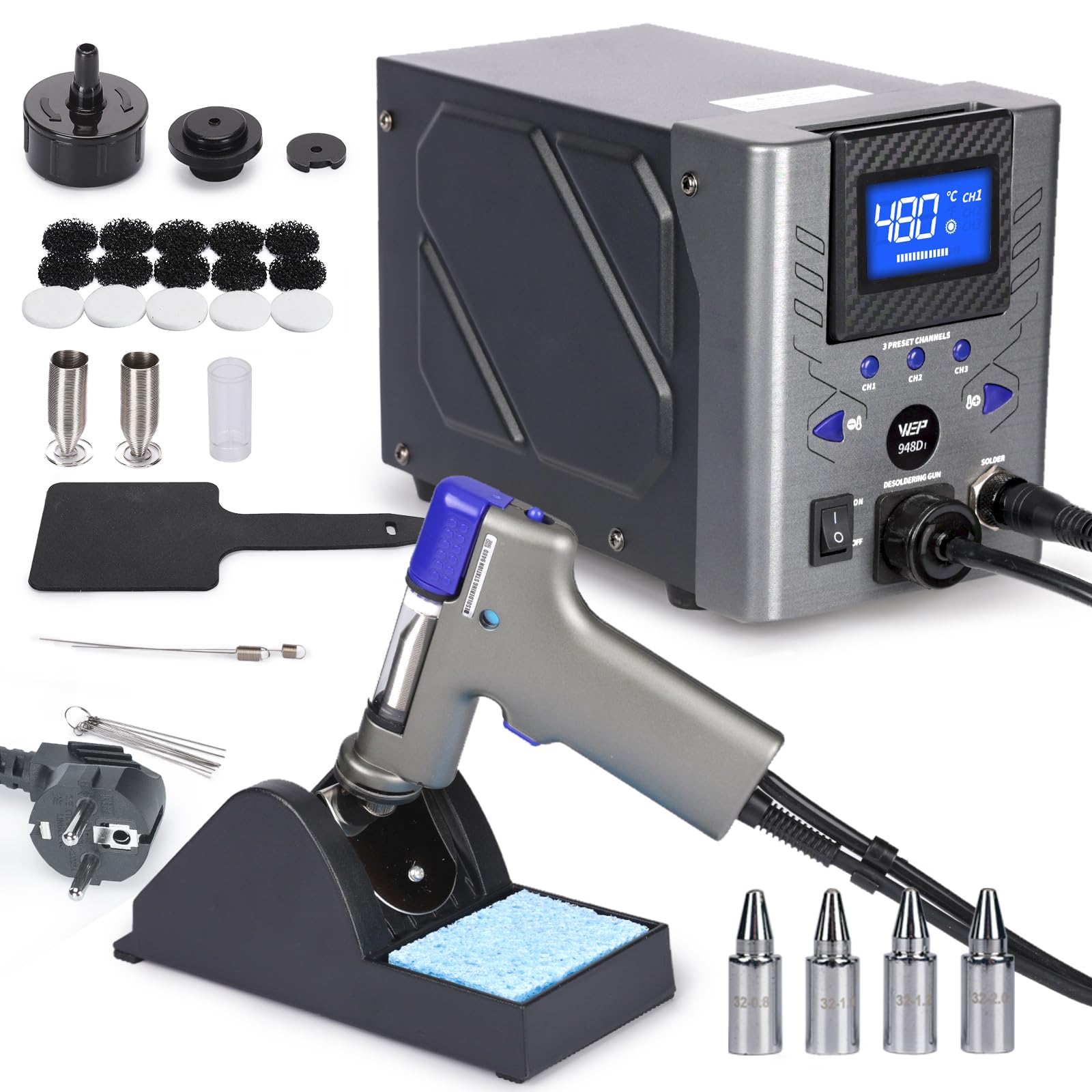 WEP 948D-I 110W Estacion de desoldadura de alta potencia con 4 boquillas de desoldado, control de temperatura con 3 canales preconfigurados, pantalla inclinable, a prueba de ESD(EU)