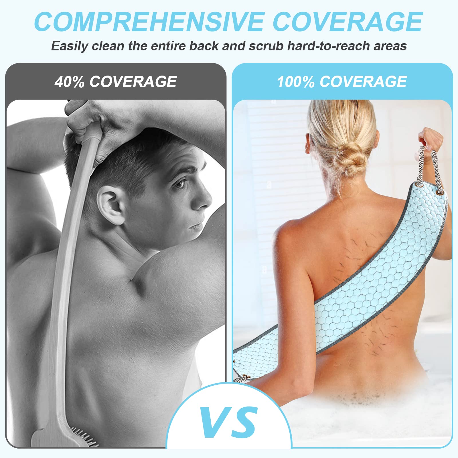 dodiff Exfoliating Back Scrubber for Shower, 38 Inches Back Washer with Handles, Exfoliating Washcloth Body Exfoliator Bath Tool to Scrub Your Body Deeply for Men & Women Exfoliation (Blue)