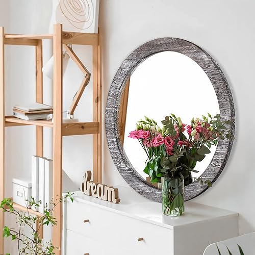 Miniatura 5 de Espejo redondo de pared de 20 pulgadas para baño, espejo circular para el hogar, espejo de marco de madera para sala de estar, dormitorio, entrada y