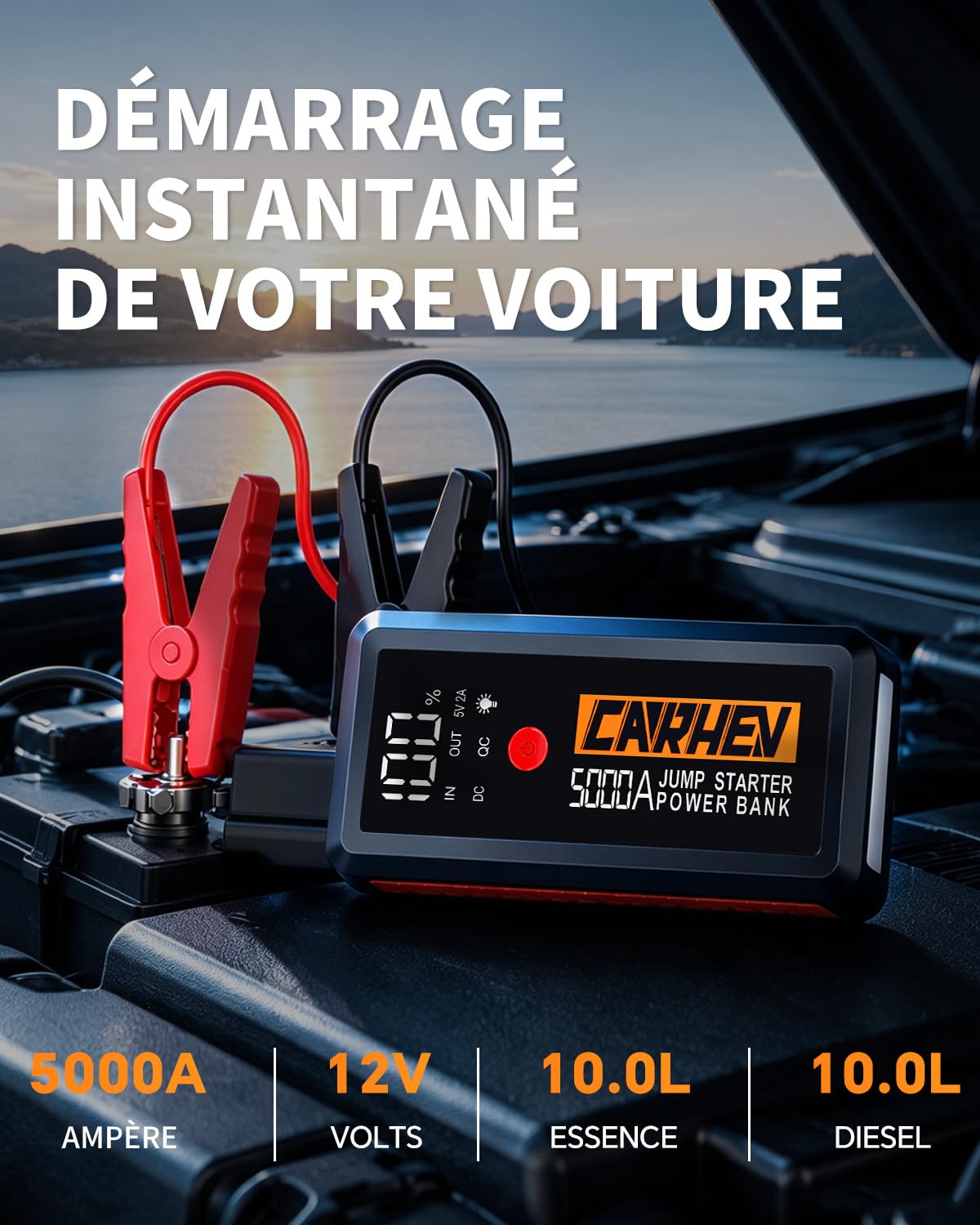 CARHEV Booster Batterie Voiture 5000A, 26800mAh Démarreur Batterie Voiture (Jusqu’à 10L Essence & 10L Diesel), 12V Portable Jump Starter avec Pinces de Sûreté Intelligentes, Lampe à LED, Écran LCD