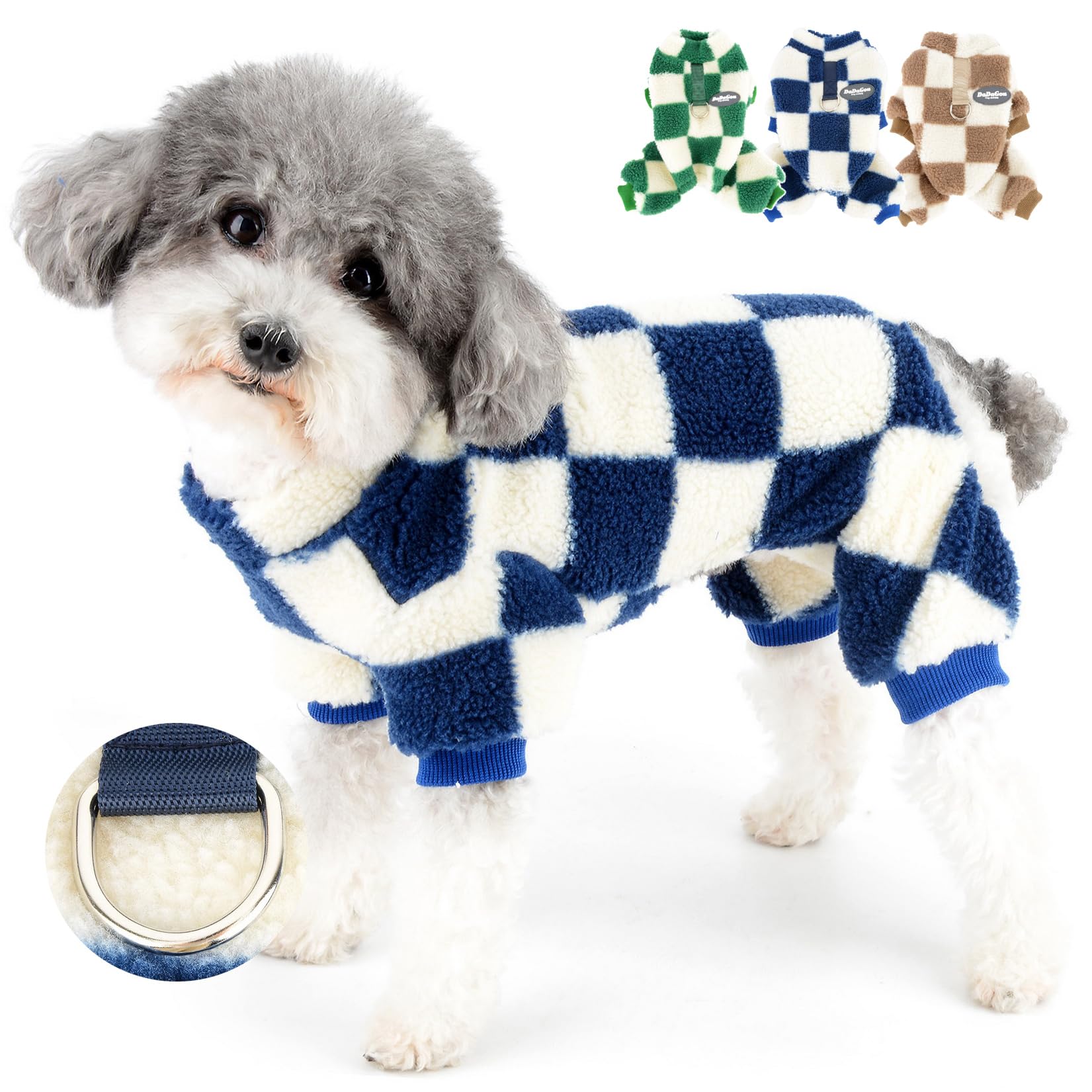 Zunea Fuzzy Fleece Dog Sweater Jumpsuit for Small Dogs Checkered Winter Warm Puppy Overalls Clothes with Leash Ring Soft 4 Legged Pullover Pajamas Pet Apparel Cold Weather Doggie Clothing Blue XL