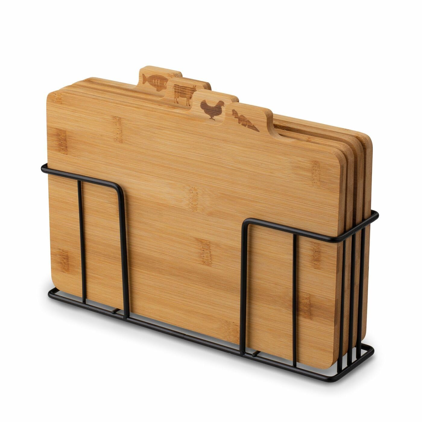 Juego de 4 tablas de cortar con soporte de cedro, un juego de tablas de cocina de bambú en un soporte de metal negro, tabla de cortar