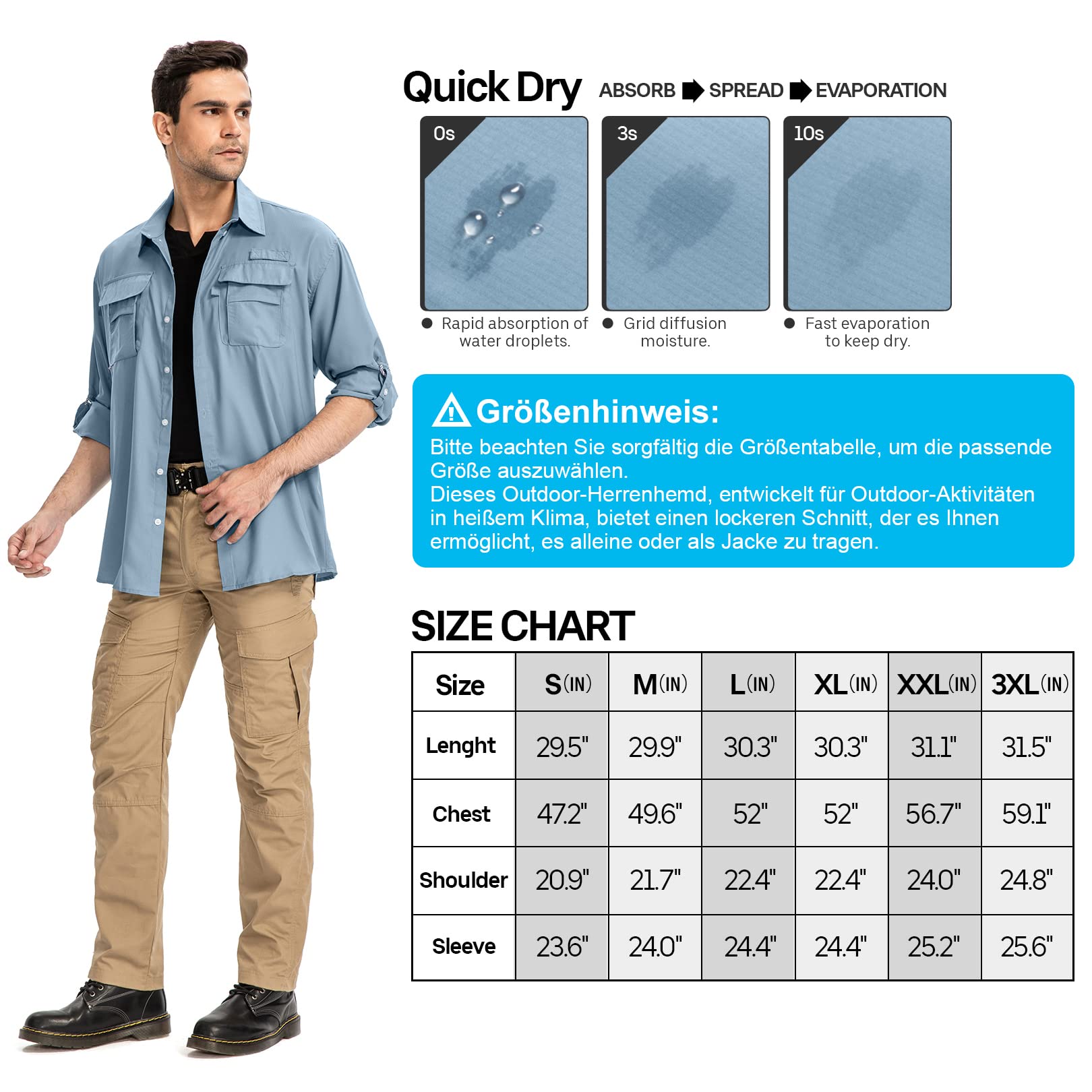 yeyity Chemise d'Extérieur à Manches Longues pour Homme UPF50+ Protection UV Safari Respirante et Fonctionnelle à Séchage Rapide pour Randonnée, Pêche, Trekking
