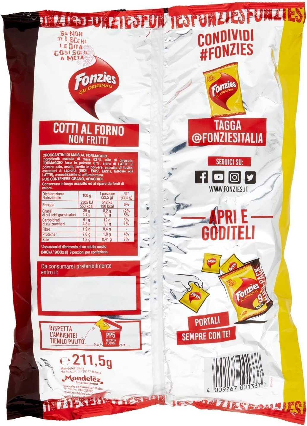 Italian Gourmet Snack au maïs au goût fromage, 12 x 211 g, collations croustillantes au four, non frites, idéales pour les fêtes, la famille, les soirées cinéma et le partage, 400 g