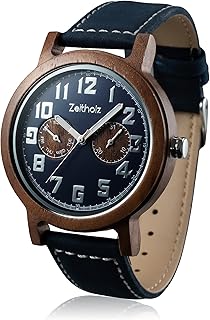 Holzuhr für Herren - Modell Klingenberg, handgefertigt aus 100% natürlichem Walnuss mit Quarzwerk - Leichte analoge Uhr mit Holzmaserung für Ihn