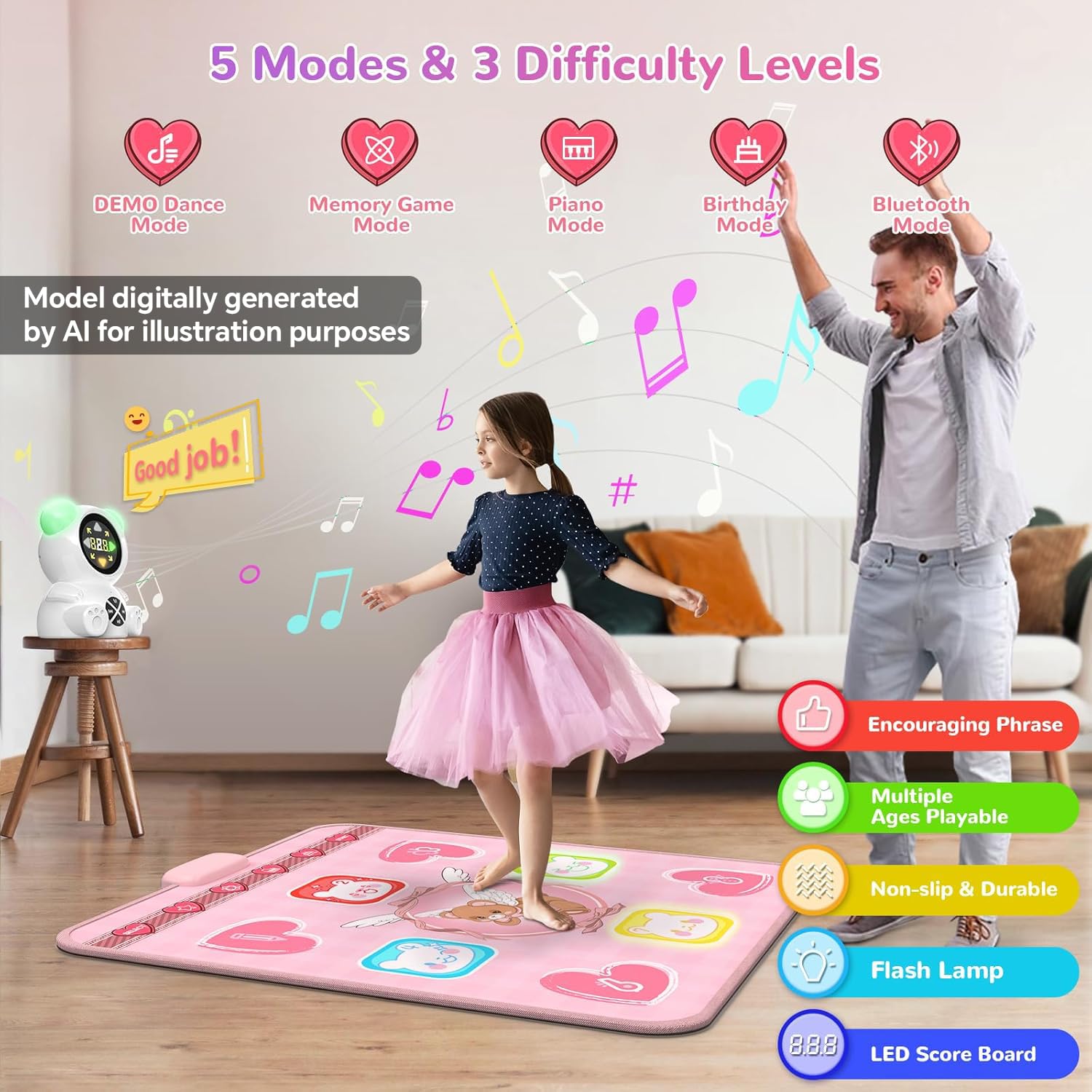 Tappetino da Ballo Ricaricabile per Ragazze, Tappetino da Ballo Luminoso con Bluetooth, 5 modalità di Gioco e luci LED, Regali di Natale e Compleanno per Bambine dai 3 ai 12 Anni (Rosa)