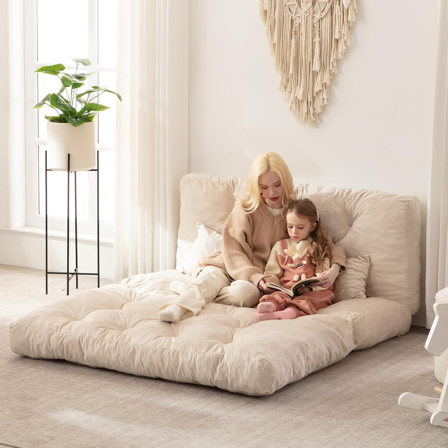 Floor Couch,Floor Couch for Adults, Tri-Folding Bean Bag Bed with Velvet Fabric for Bedroom, Living Room,Beige, 80x54In