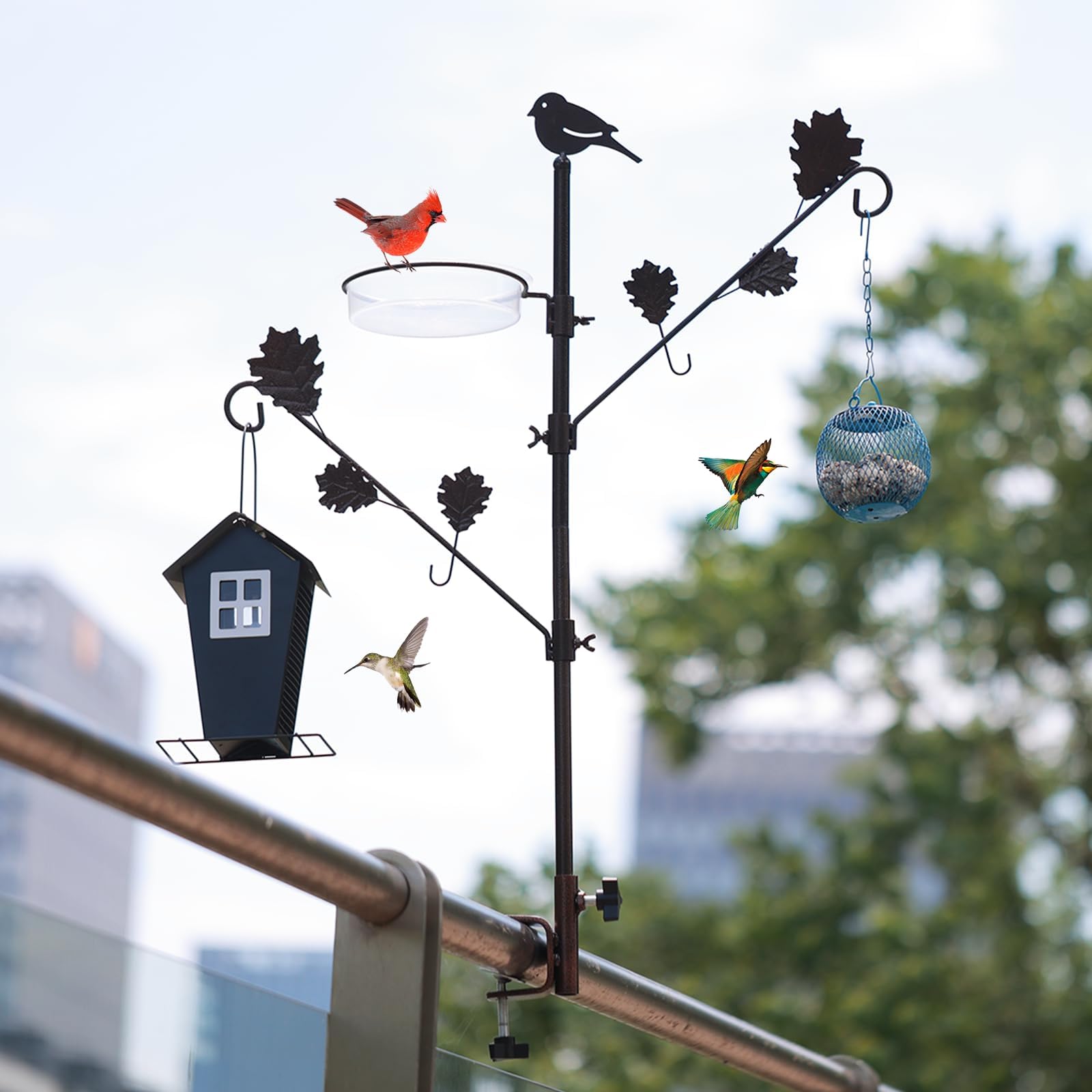 ERYTLLY 42 Zoll Deck Vogelfutterstation Kit, Wildvögel Vogelfutterstation für draußen hängende Pflanzen Halter Deck Pole Veranda Multi-Haken Vogelfutterstation mit Wasserschale für Balkon, Garten und